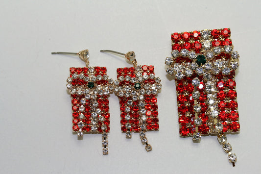 Rhinestone Christmas Present Box Brooch and Stud Dangling Present, Box Earrings Set, Fashion Costume Holiday Xmas Jewelry Gift