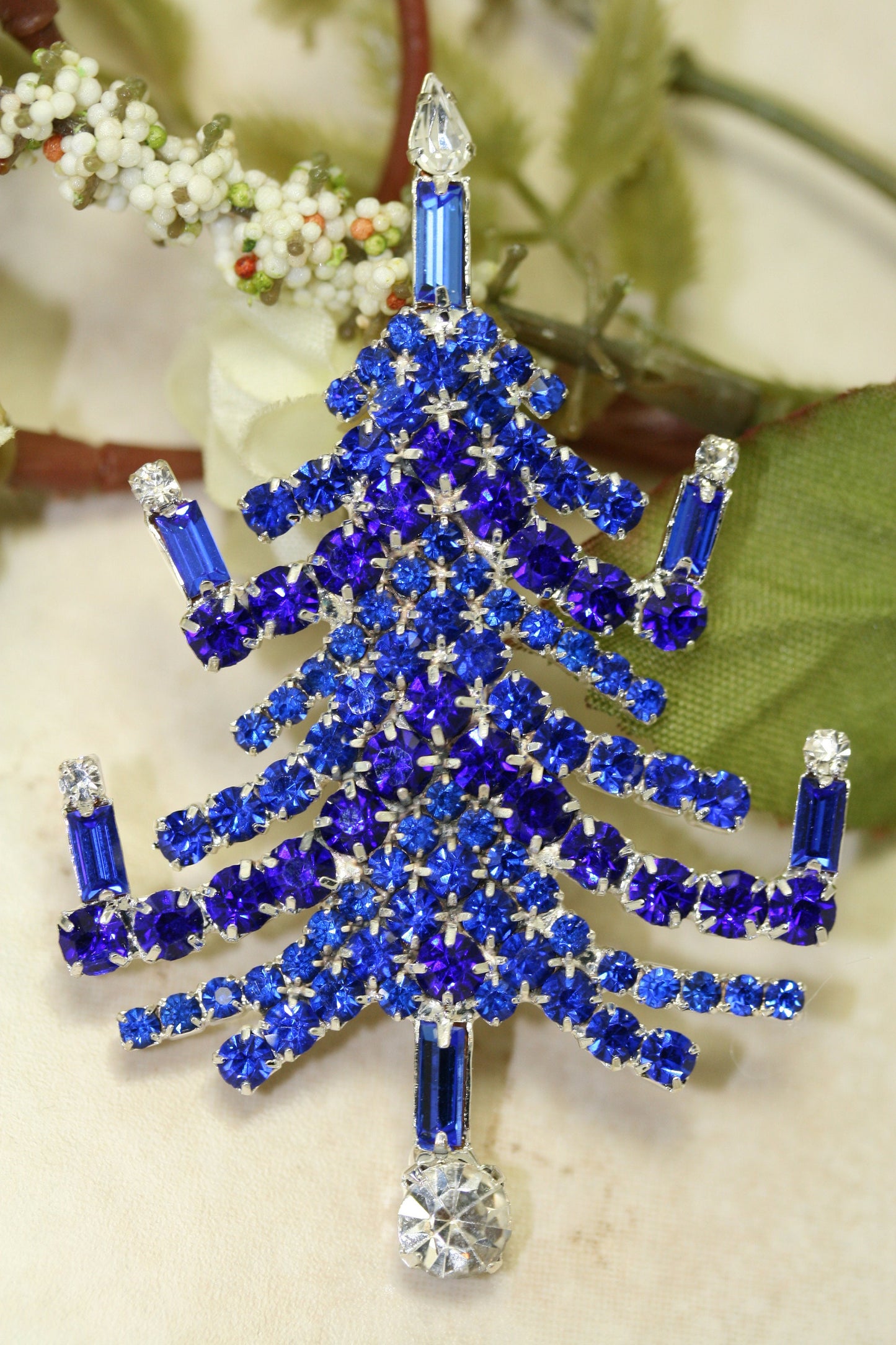 Vintage Christmas Tree Prong Set Brooch Pin Blue Sapphire Rhinestones Candles, Xmas Holiday Jewelry Gift