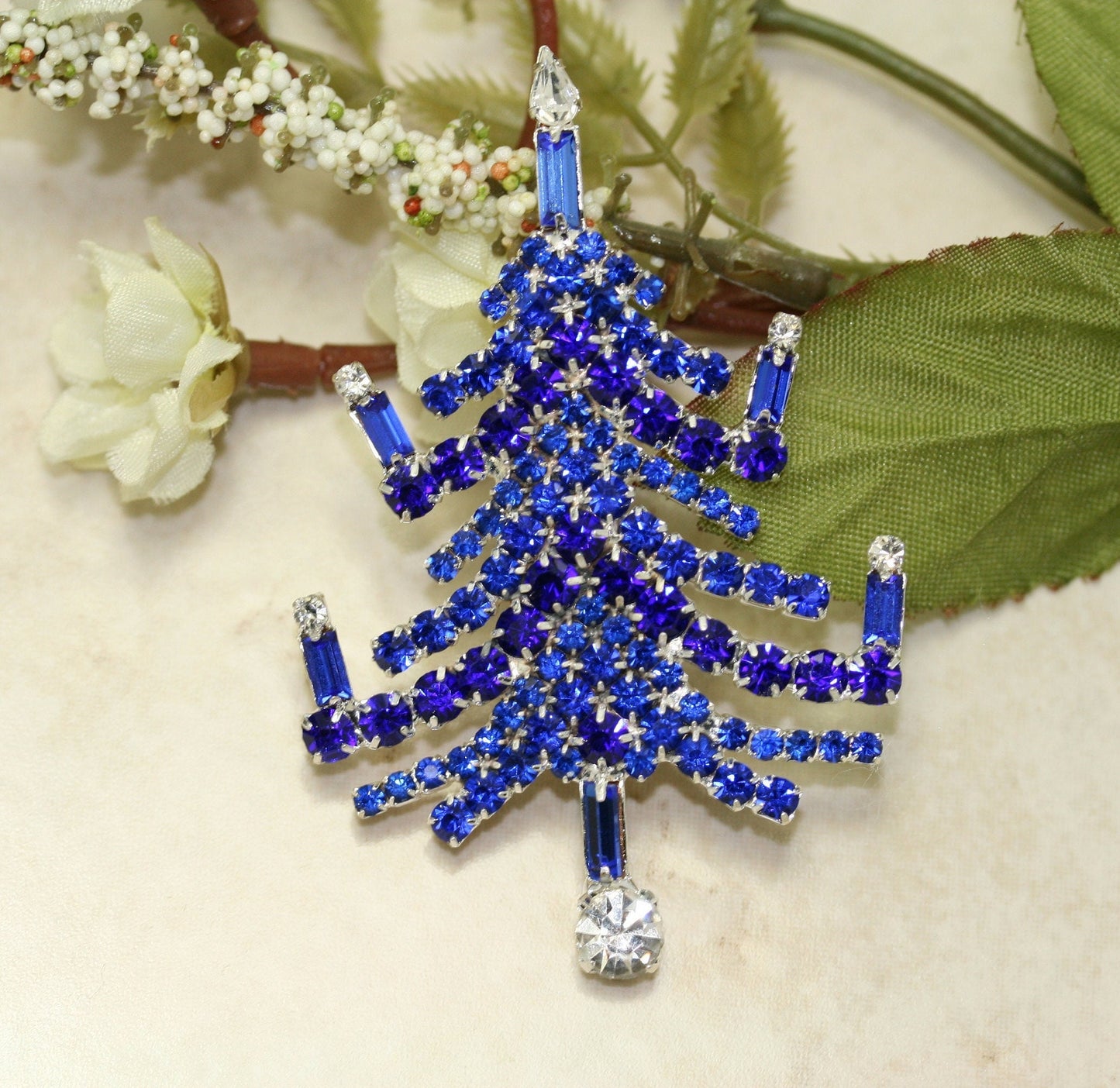 Vintage Christmas Tree Prong Set Brooch Pin Blue Sapphire Rhinestones Candles, Xmas Holiday Jewelry Gift