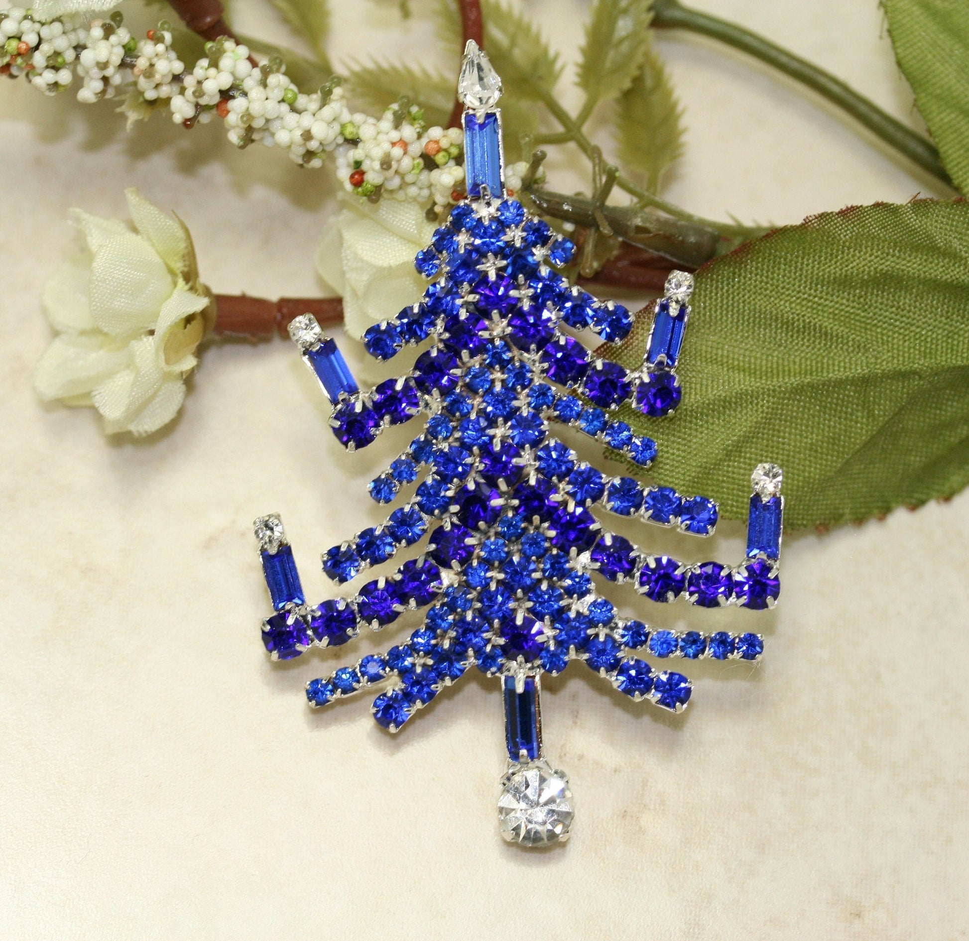 Vintage Christmas Tree Prong Set Brooch Pin Blue Sapphire Rhinestones Candles, Xmas Holiday Jewelry Gift
