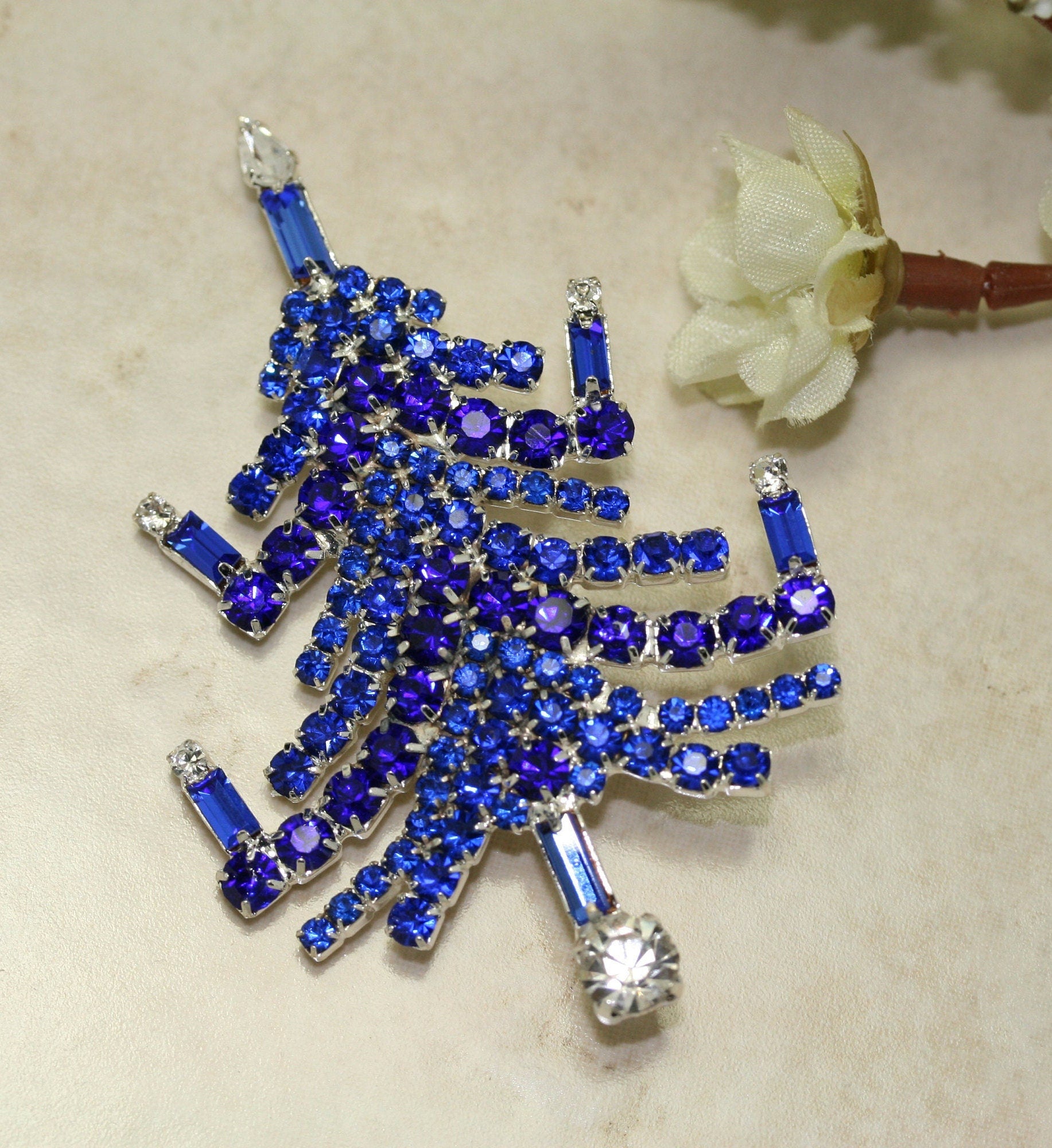Vintage Christmas Tree Prong Set Brooch Pin Blue Sapphire Rhinestones Candles, Xmas Holiday Jewelry Gift
