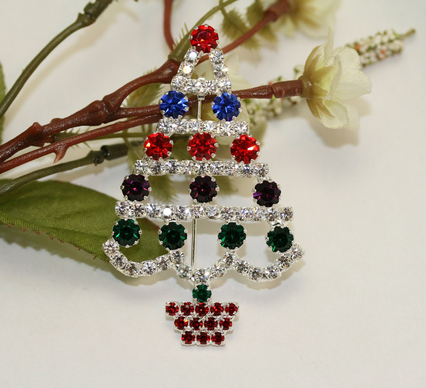 Multi Color Rhinestone Christmas Tree Brooch Pin, Christmas Jewelry, Holiday Jewelry Gift