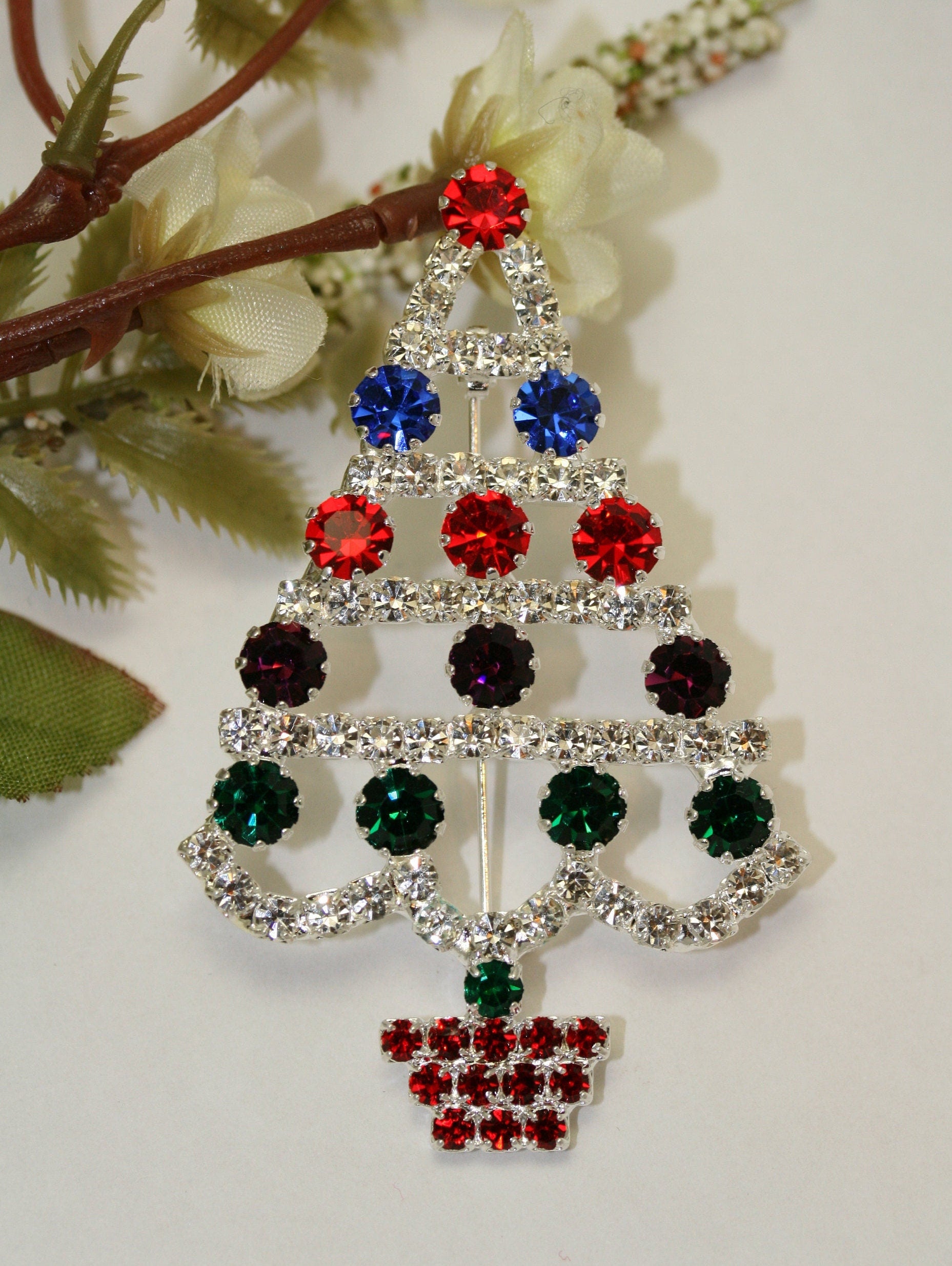 Multi Color Rhinestone Christmas Tree Brooch Pin, Christmas Jewelry, Holiday Jewelry Gift