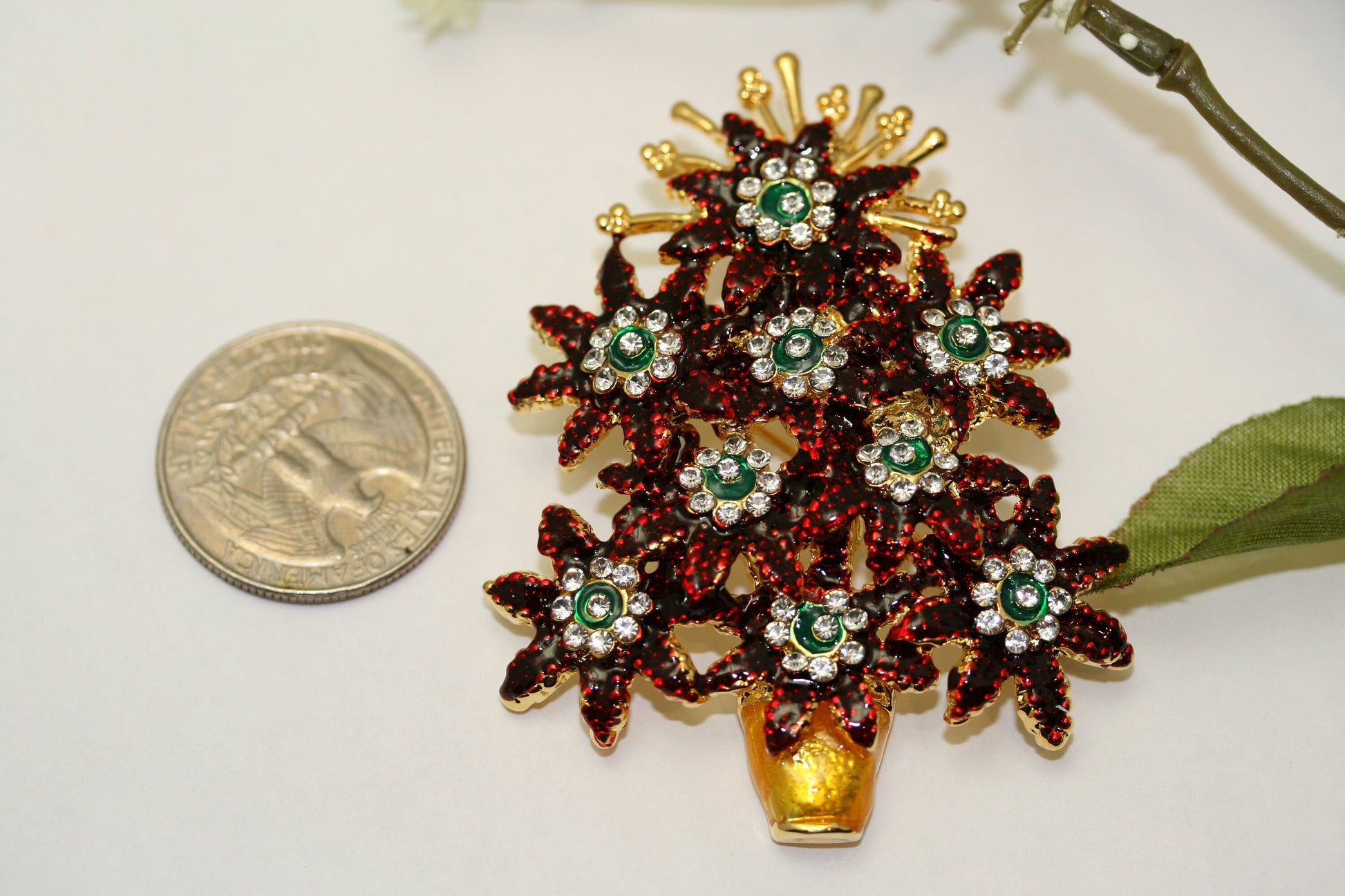 Vintage Rhinestone and Enamel '' POINSETTIA CHRISTMAS TREE '' Brooch Pin, Costume Jewelry, Holiday Christmas Jewelry