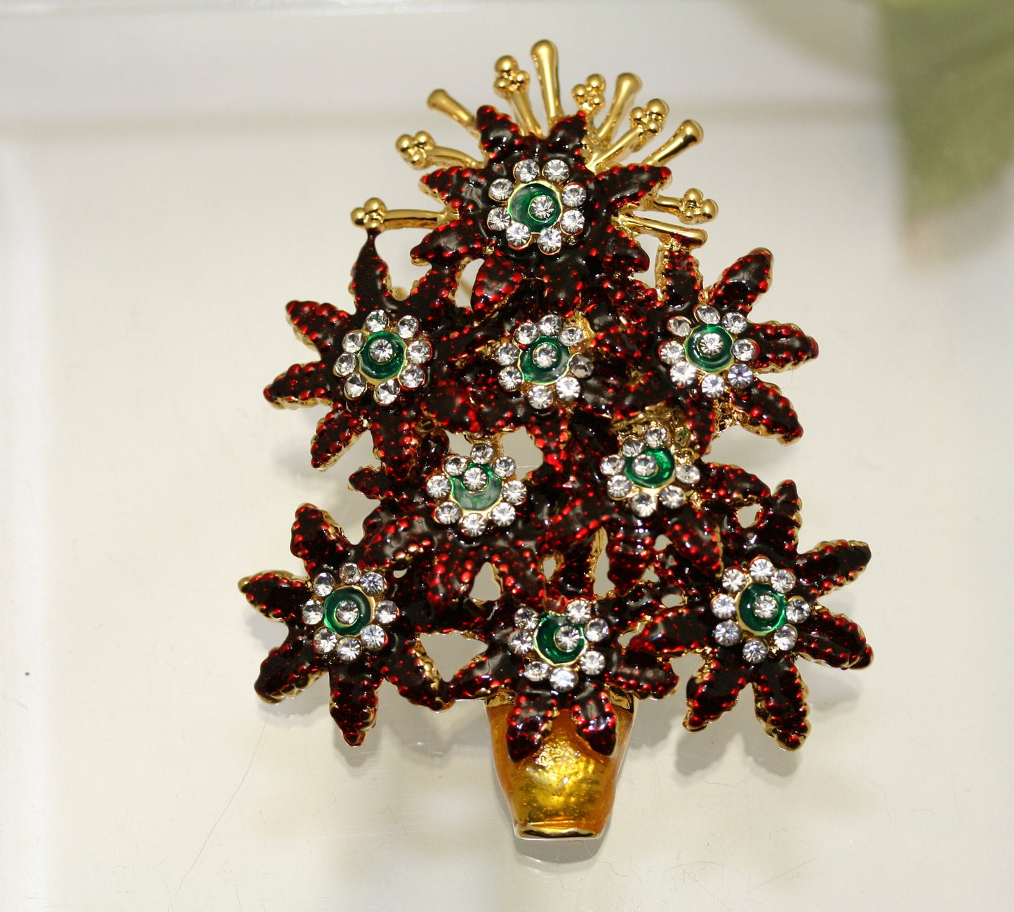 Vintage Rhinestone and Enamel '' POINSETTIA CHRISTMAS TREE '' Brooch Pin, Costume Jewelry, Holiday Christmas Jewelry