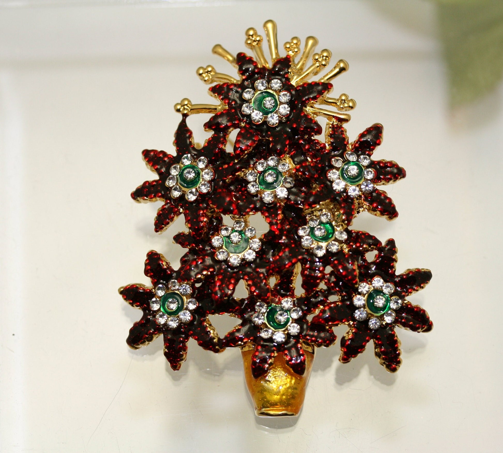 Vintage Rhinestone and Enamel '' POINSETTIA CHRISTMAS TREE '' Brooch Pin, Costume Jewelry, Holiday Christmas Jewelry
