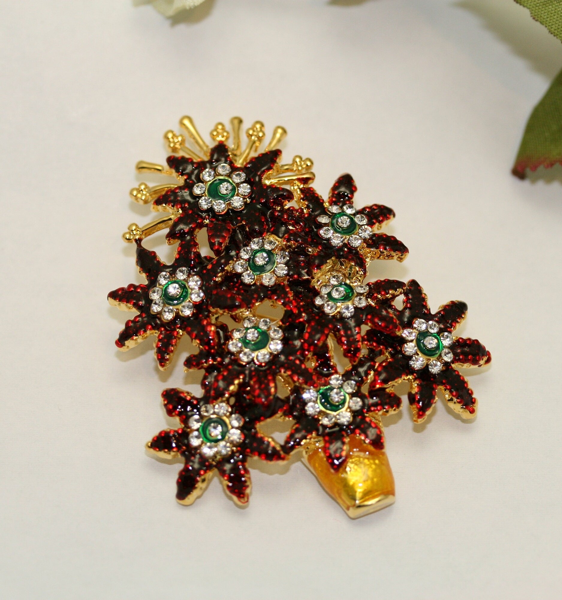 Vintage Rhinestone and Enamel '' POINSETTIA CHRISTMAS TREE '' Brooch Pin, Costume Jewelry, Holiday Christmas Jewelry