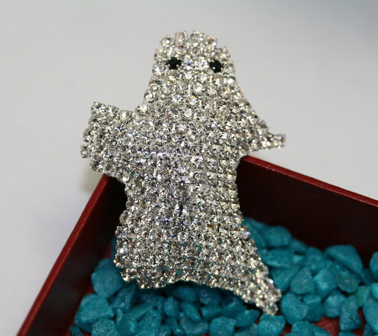 Halloween Adorable Rhinestone Spooky Flying Ghost Pin, Halloween Jewelry, Silver Crystal Ghost Brooch