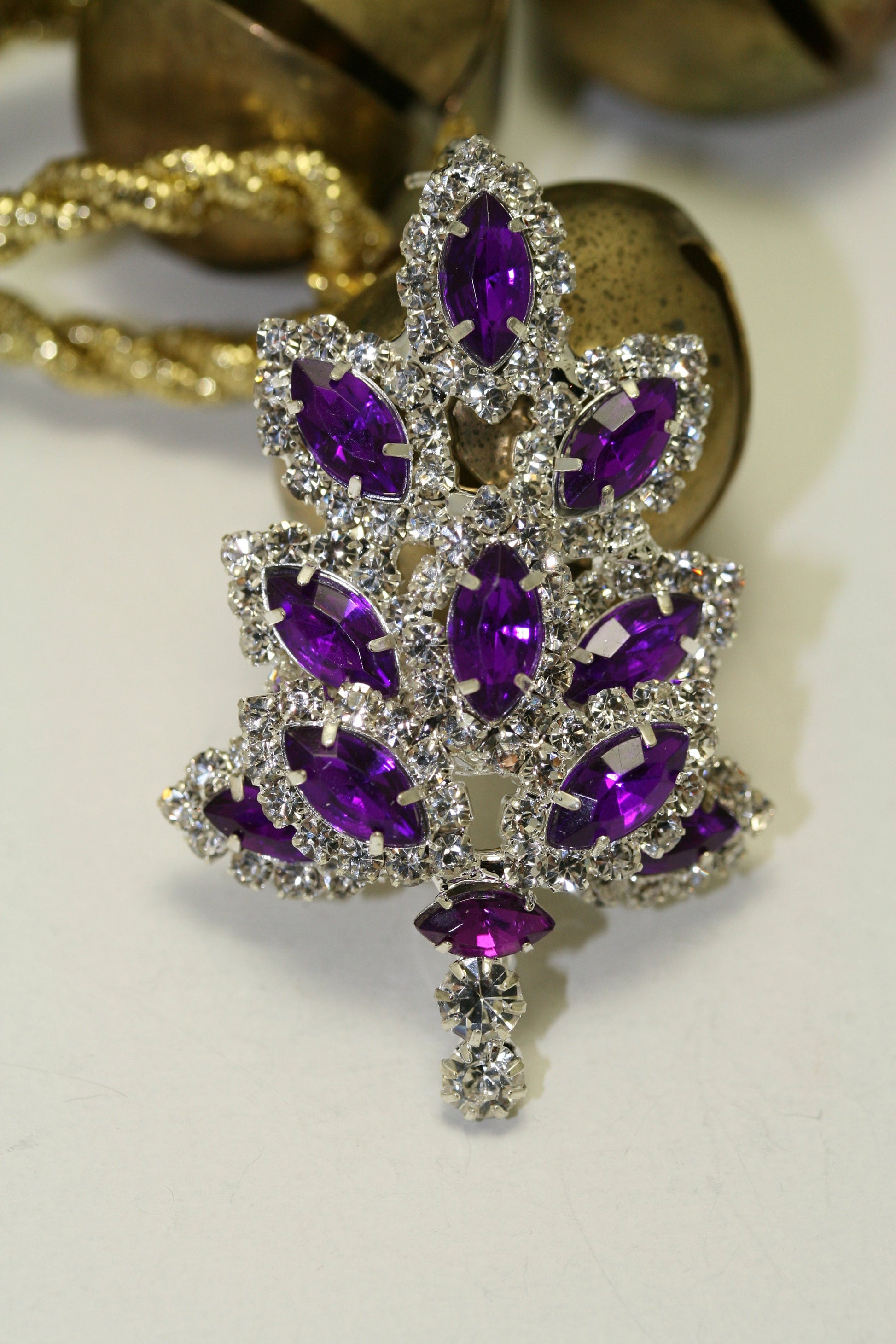 Dazzling Rhinestone Christmas Tree Brooch, Pin, Crystal Purple Xmas Tree, Costume Holiday Jewelry Gift