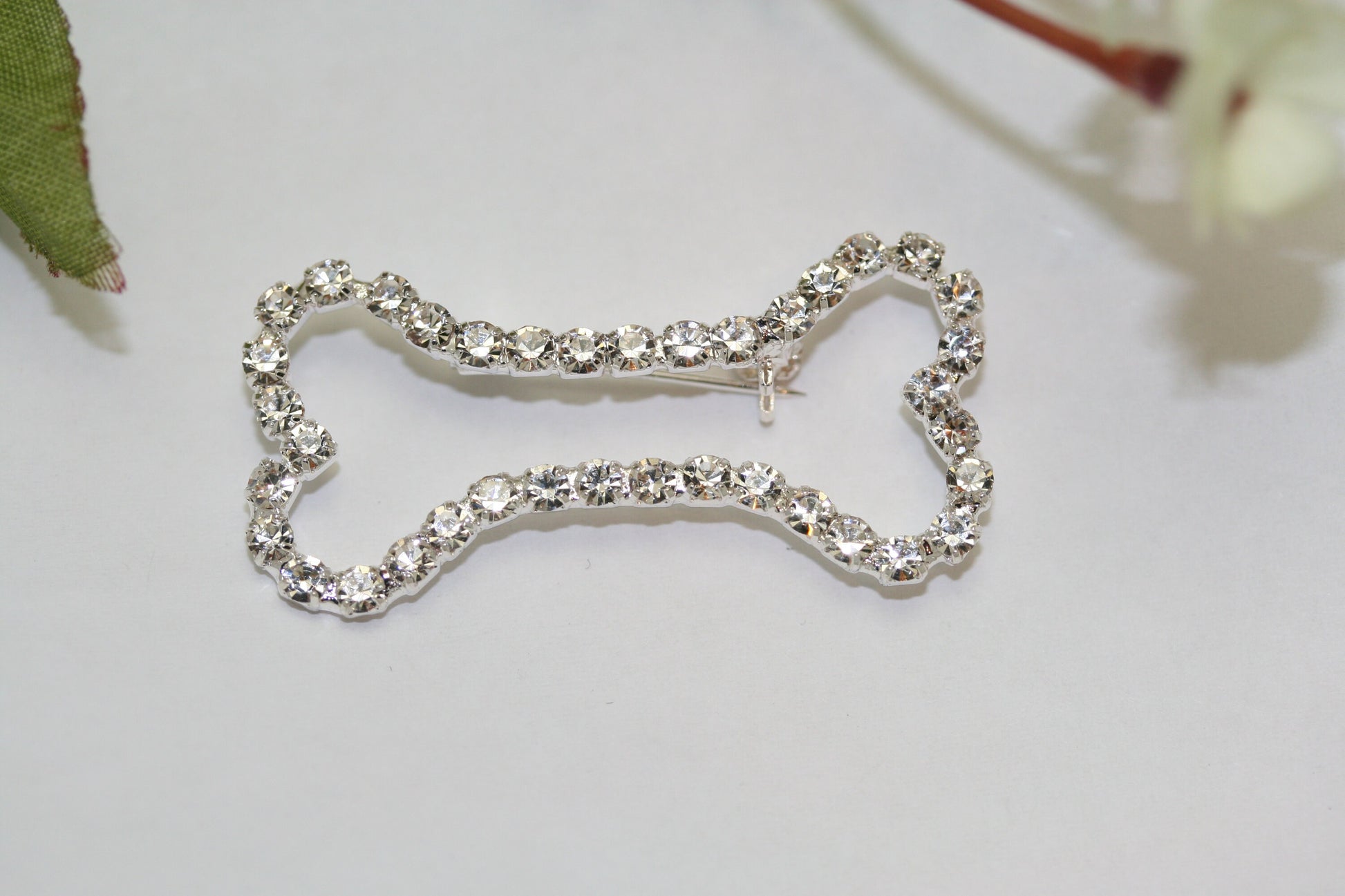 Crystal Clear Dog Bone Outline Rhinestone Pin with Silver Tones Brooch Pin, Gold Tone Dog Bone Costume Jewelry