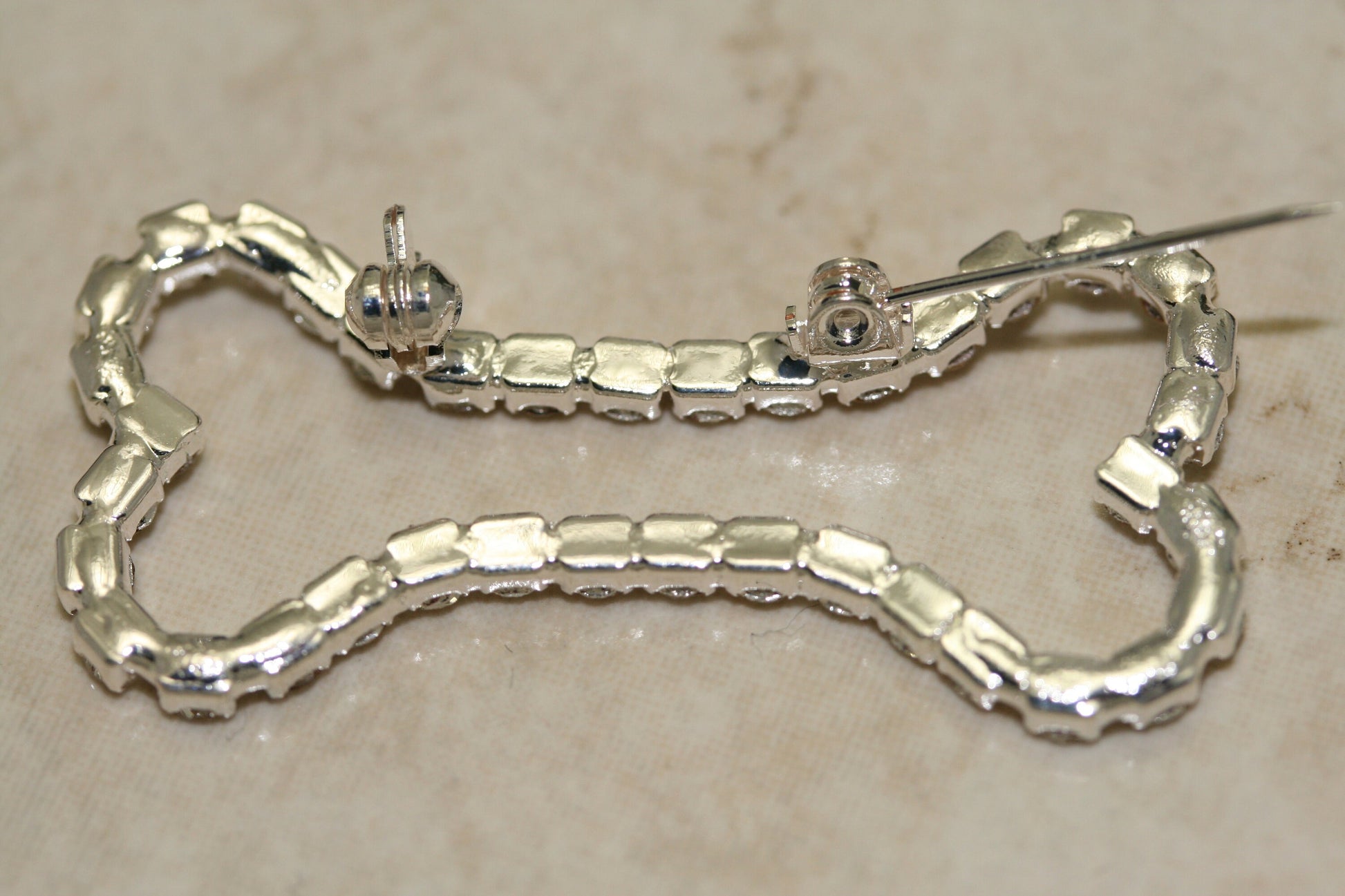 Crystal Clear Dog Bone Outline Rhinestone Pin with Silver Tones Brooch Pin, Gold Tone Dog Bone Costume Jewelry