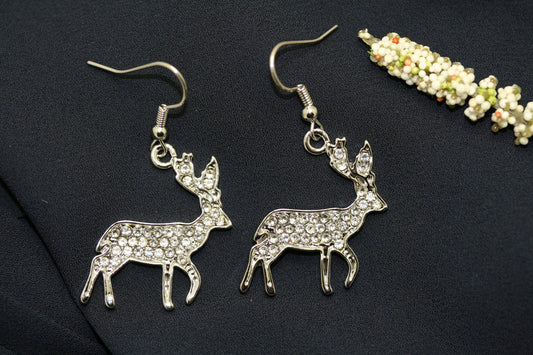 Rhinestone Silver-Plated Reindeer Dangle Earrings Jewelry Christmas Gift