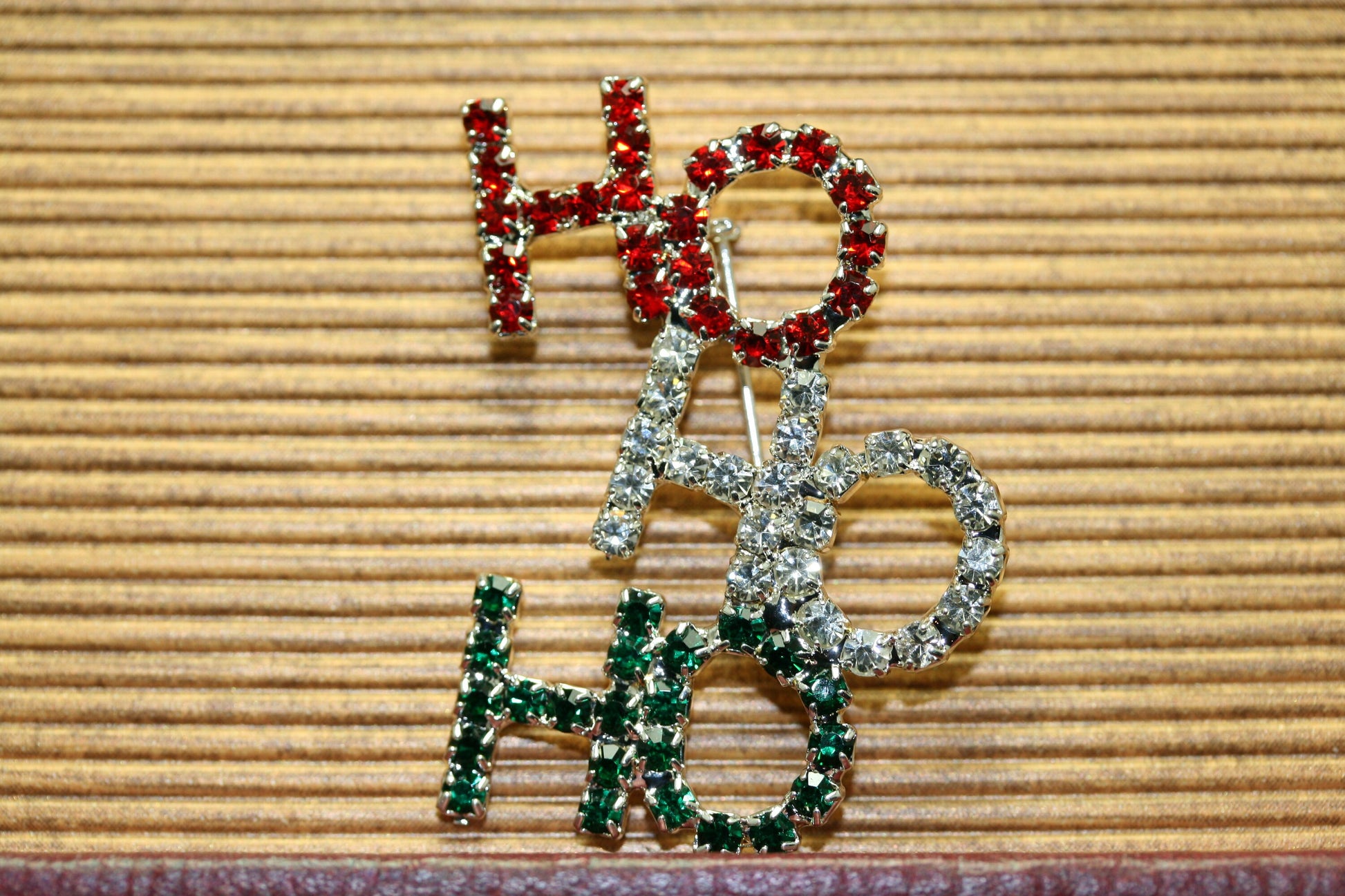 Rhinestone Christmas Colored HO HO HO Brooch Pin