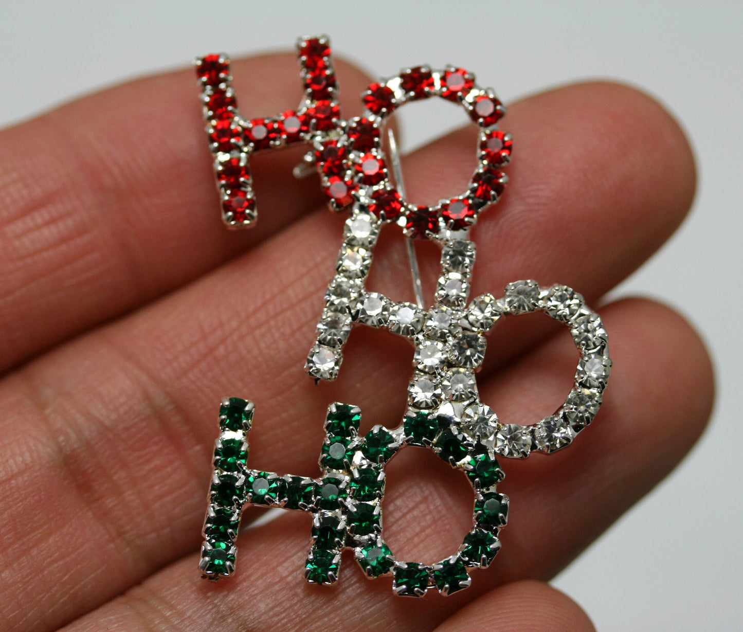 Rhinestone Christmas Colored HO HO HO Brooch Pin
