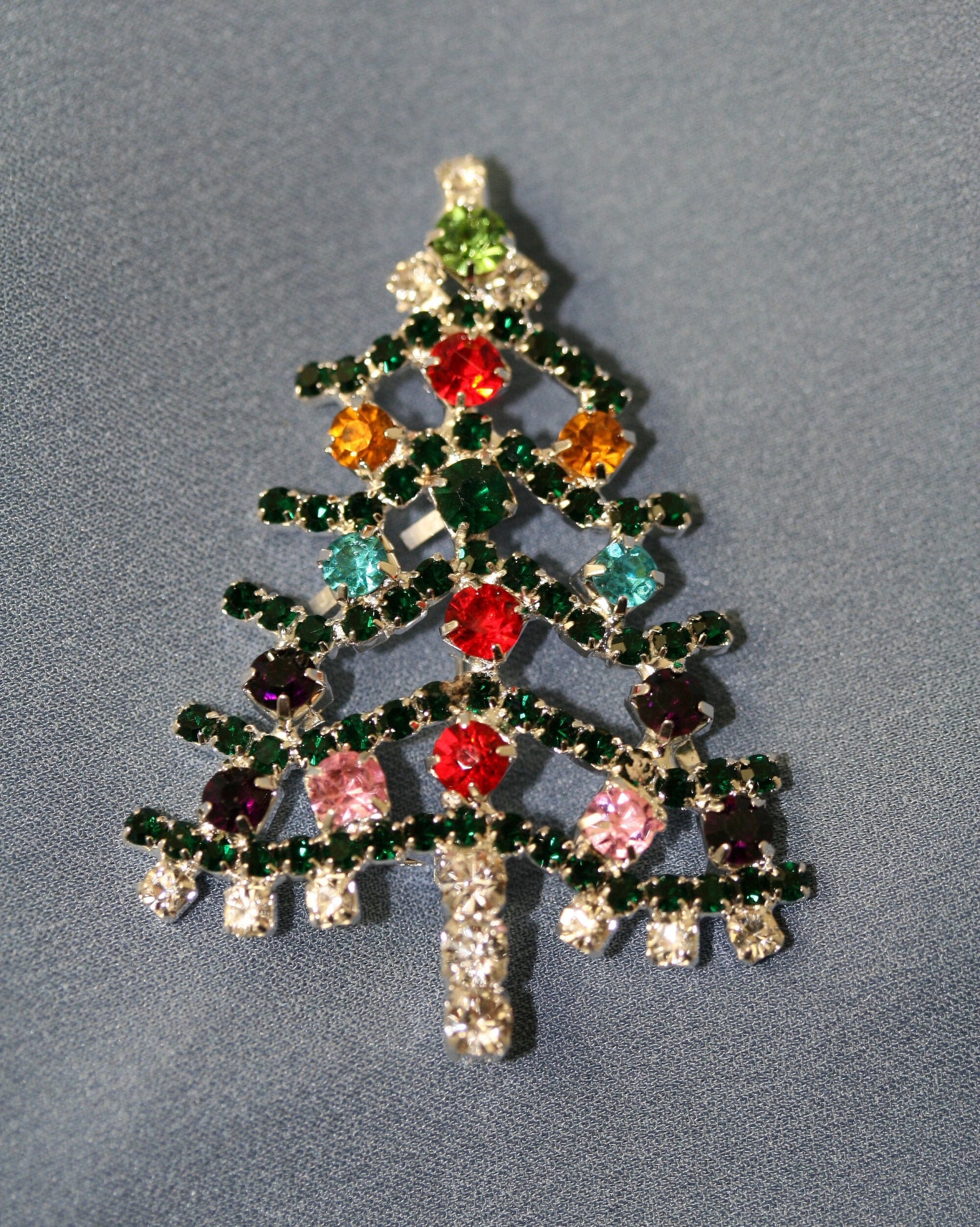 Multicolor Jewel Tone Rhinestone Christmas Tree Brooch, Pin, Holiday Jewelry Gift