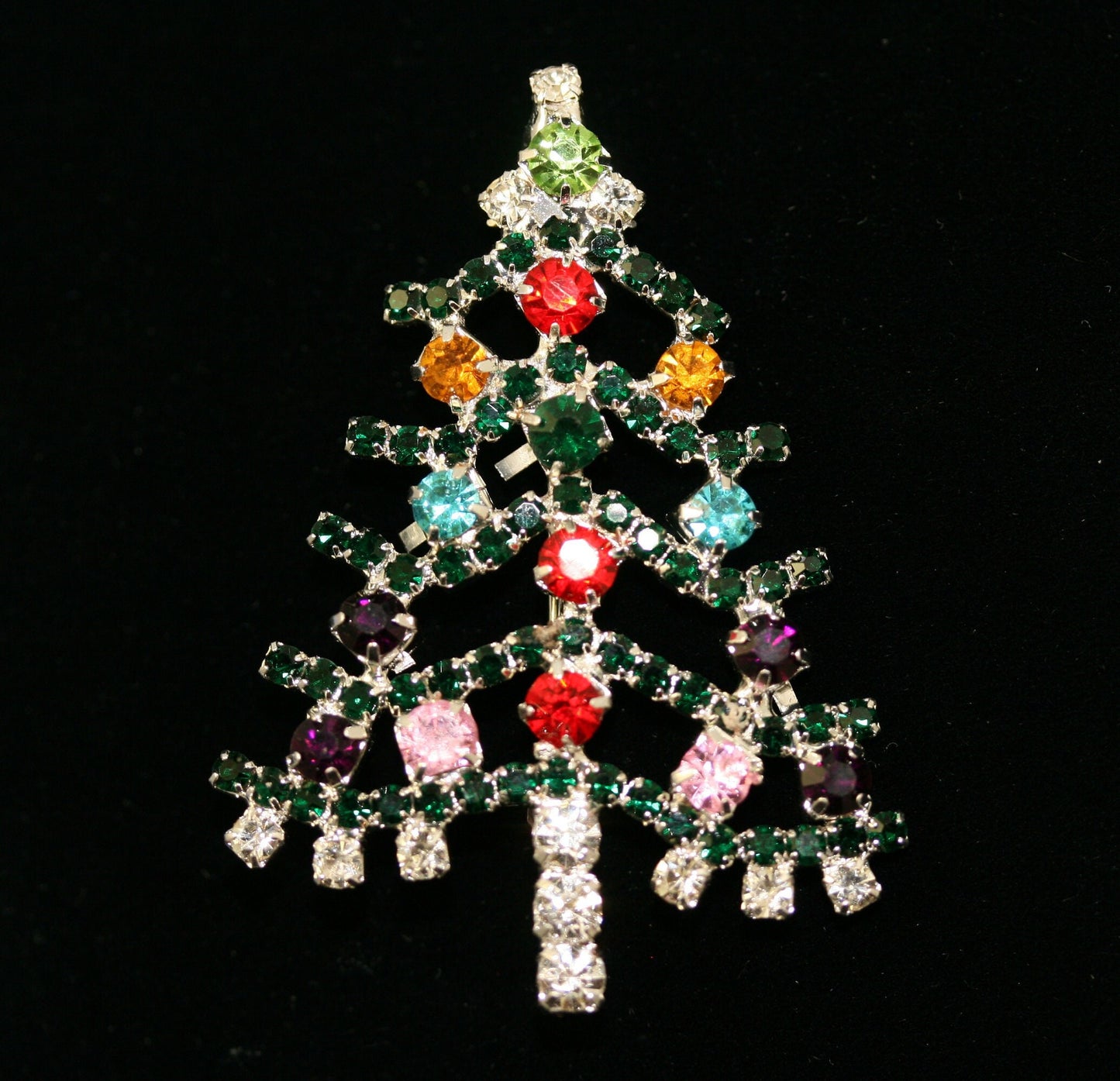 Multicolor Jewel Tone Rhinestone Christmas Tree Brooch, Pin, Holiday Jewelry Gift