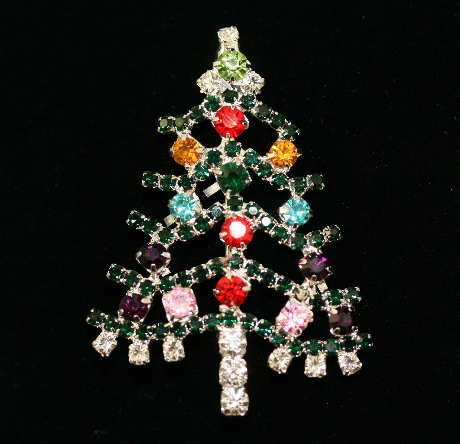Multicolor Jewel Tone Rhinestone Christmas Tree Brooch, Pin, Holiday Jewelry Gift