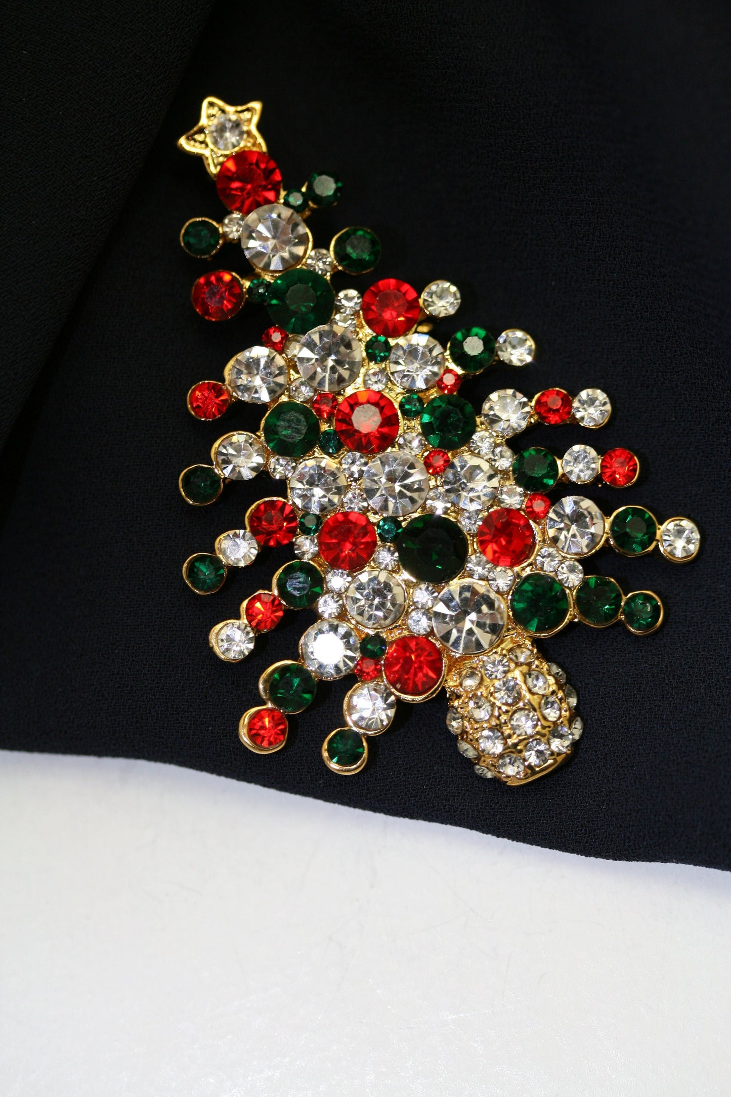 Rhinestone Embellished Holiday Galore CHRISTMAS Tree Brooch, Multi-colors Xmas Holiday Jewelry Gift