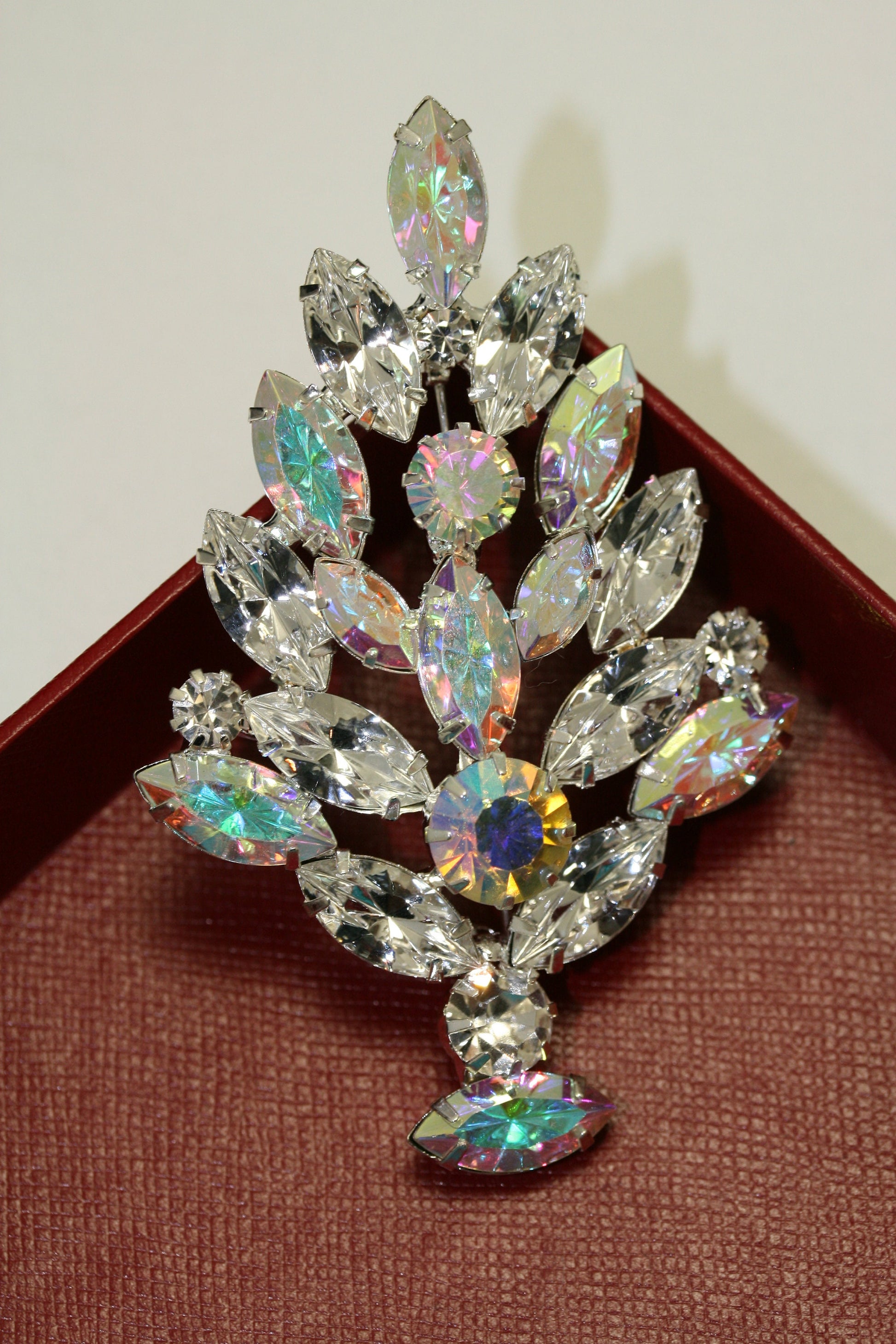 Vintage Eisenberg Ice Design Aurora Borealis Rhinestone Christmas Tree Brooch Pin, Xmas Holiday Jewelry Gift Collection