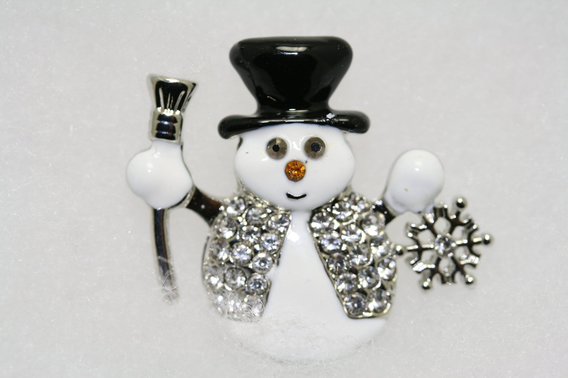 Christmas Snowman Brooch, Glittery and Glitzy Snowman Pin with Clear Rhinestones and Enameling, Holiday Fashion Jewelry