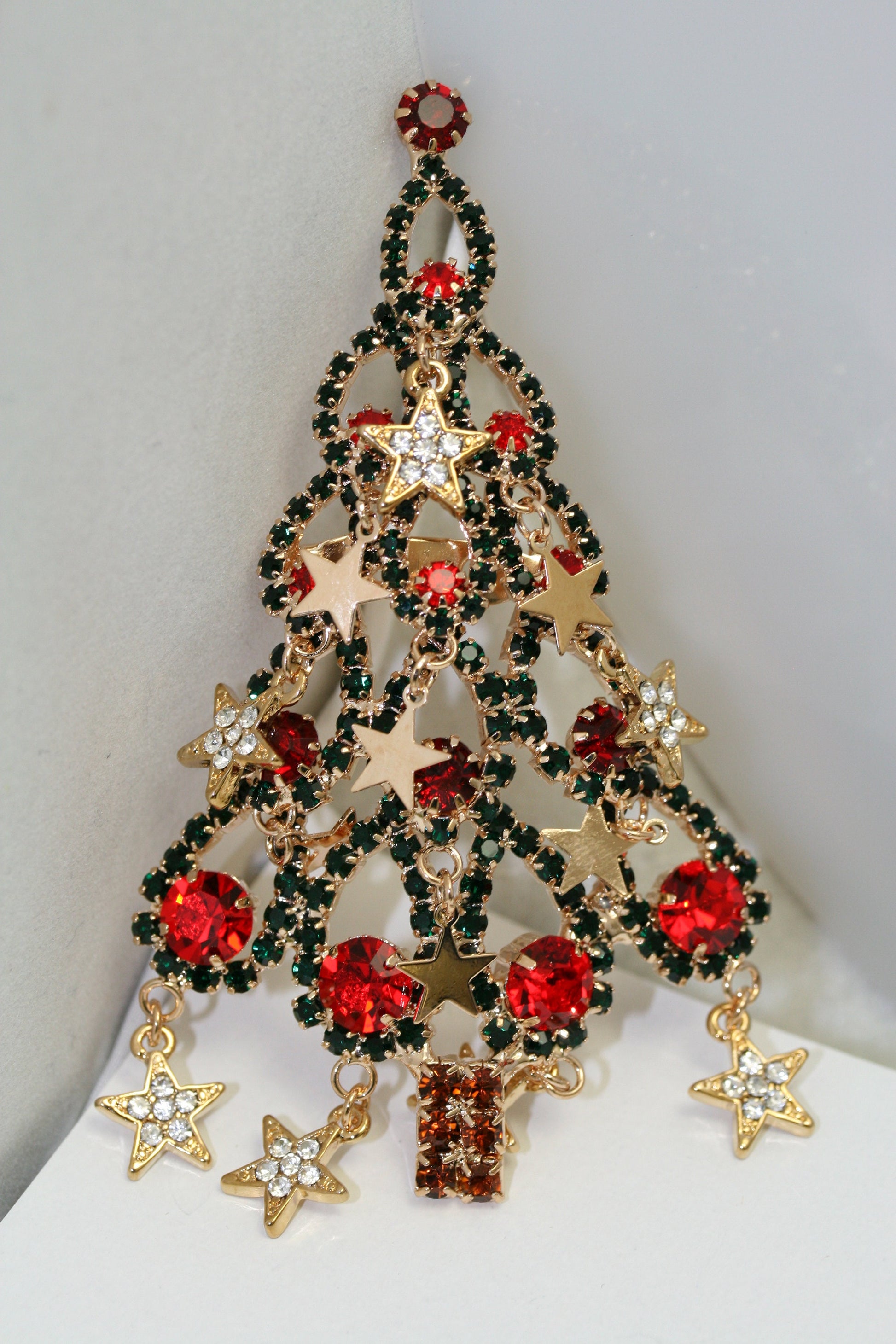Large Rhinestone Christmas Tree Brooch Dangle Star Ornaments Crystal Red Green, Crystal Xmas tree Holiday Jewelry Gift