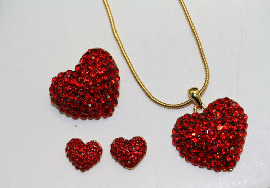 Valentine's Day Pendant Pin & Earrings Set, Red Ruby Rhinestone Valentine's Heart Necklace Charm, Wedding Jewelry Gift,