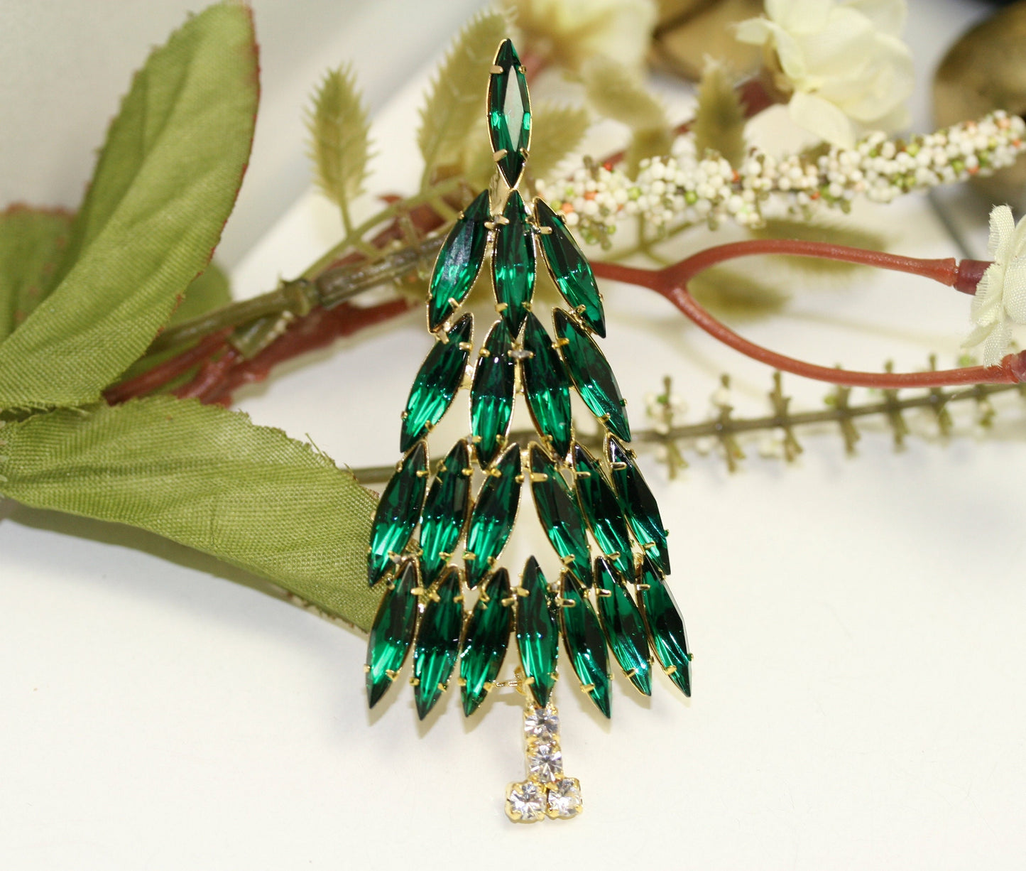 Emerald Green Rhinestone Christmas Tree Brooch Pin, Christmas Jewelry Gift