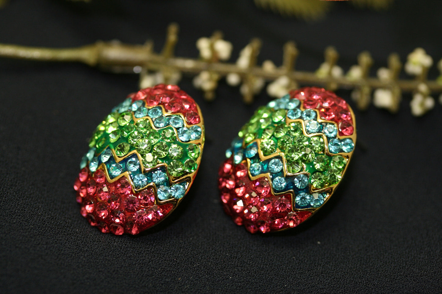 Rhinestone Multi-Colors Easter Egg Brooch Pin and Post Earrings Set, Easter Holiday Costume Jewelry
