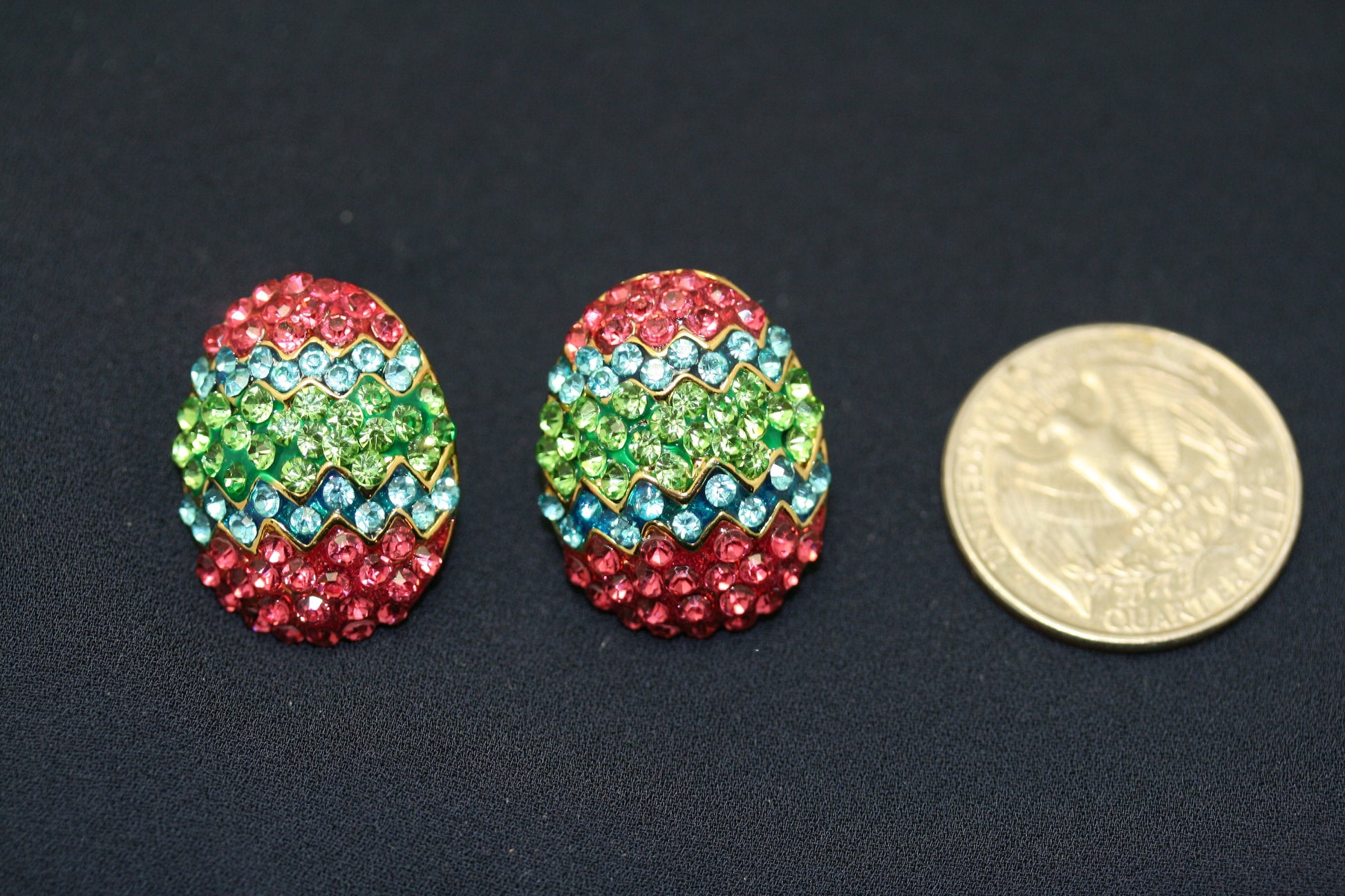 Rhinestone Multi-Colors Easter Egg Brooch Pin and Post Earrings Set, Easter Holiday Costume Jewelry