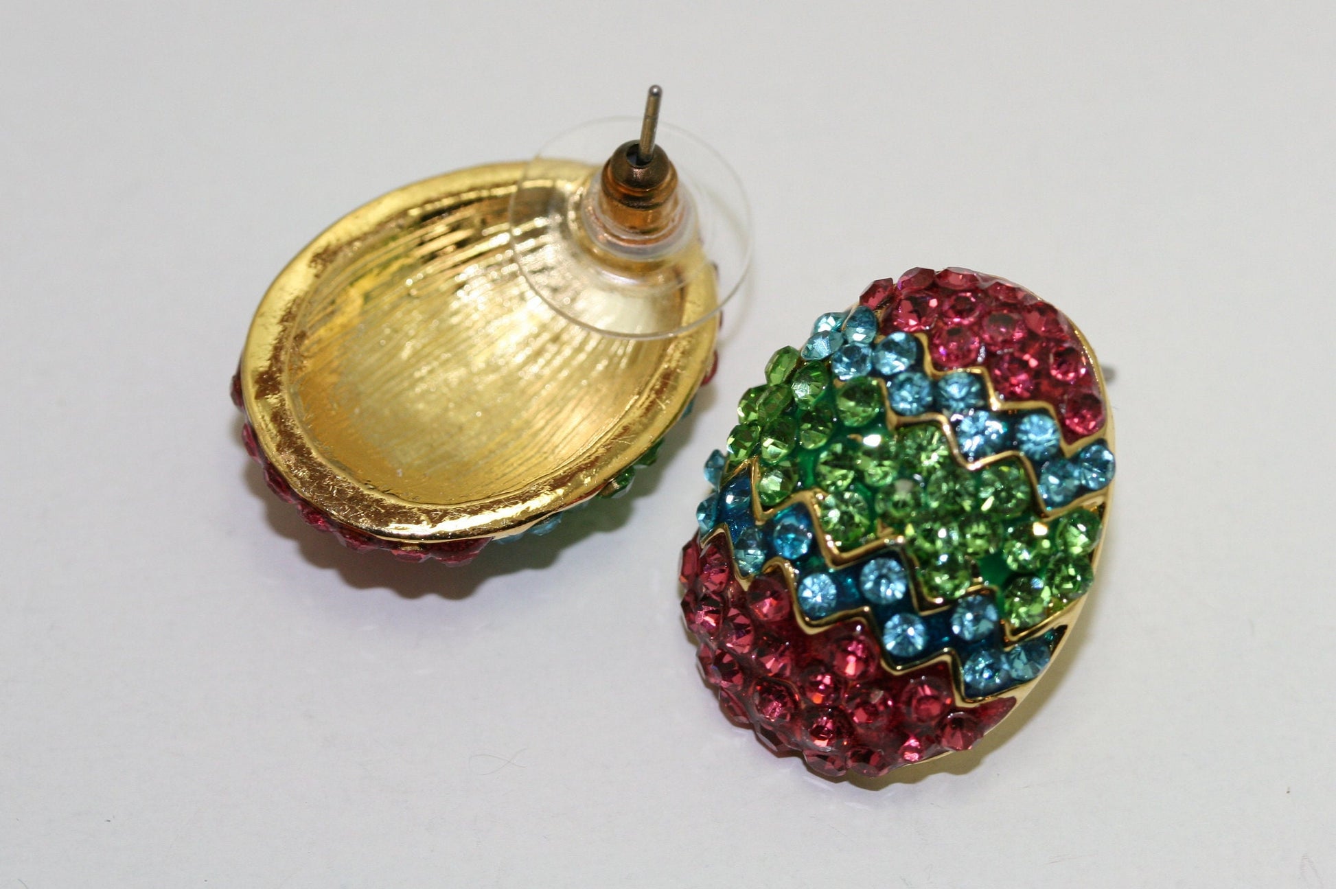 Rhinestone Multi-Colors Easter Egg Brooch Pin and Post Earrings Set, Easter Holiday Costume Jewelry