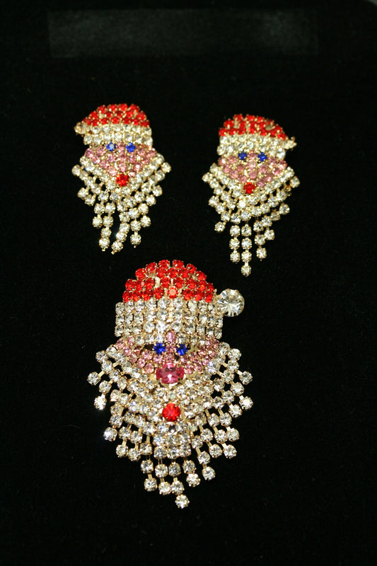 Vintage Sparkly Rhinestone Santa Claus Face Brooch Pin and Earrings Set, Xmas Holiday Jewelry Gift