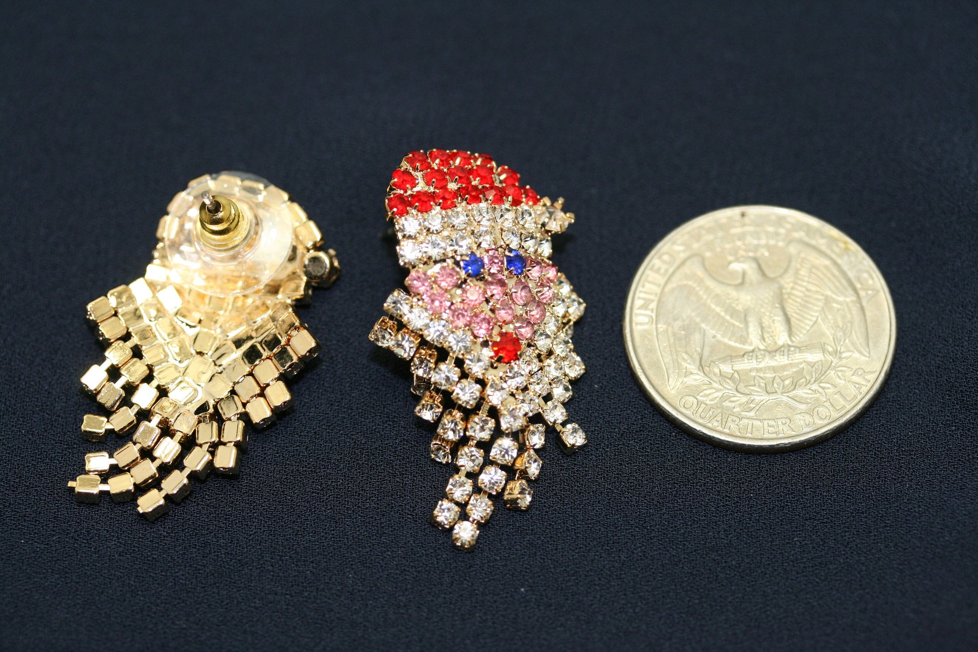 Vintage Sparkly Rhinestone Santa Claus Face Brooch Pin and Earrings Set, Xmas Holiday Jewelry Gift