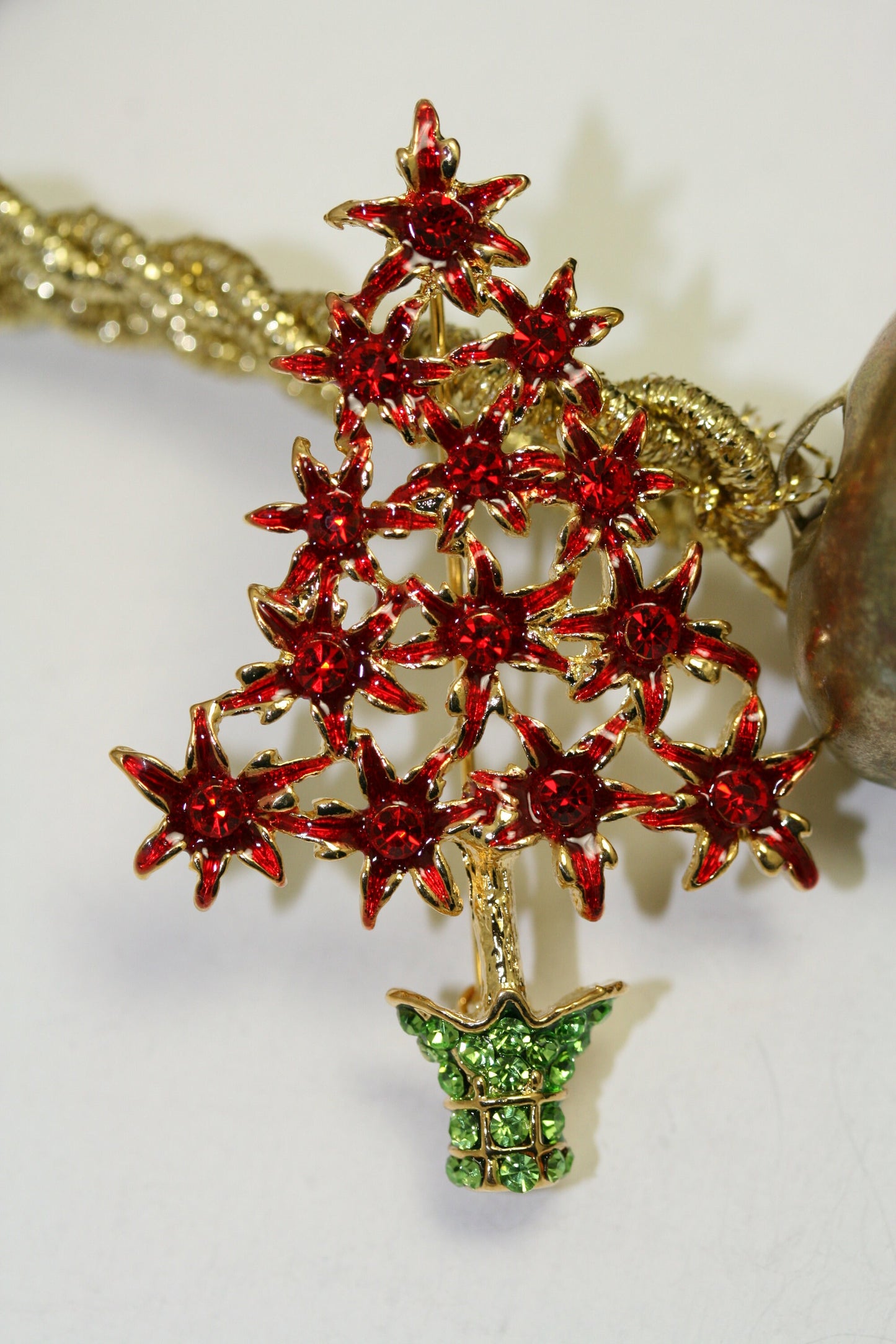 Rhinestone Red Poinsettia Christmas Tree Brooch, Poinsettia with Red Enamel Brooch-Christmas Pin-Costume Xmas Tree Jewelry