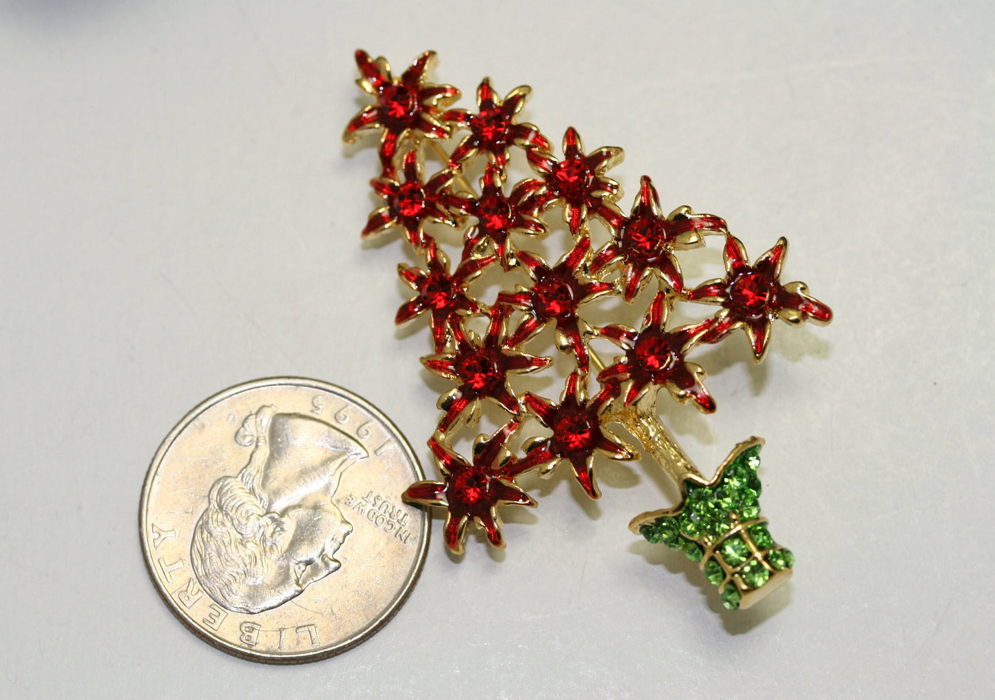 Rhinestone Red Poinsettia Christmas Tree Brooch, Poinsettia with Red Enamel Brooch-Christmas Pin-Costume Xmas Tree Jewelry