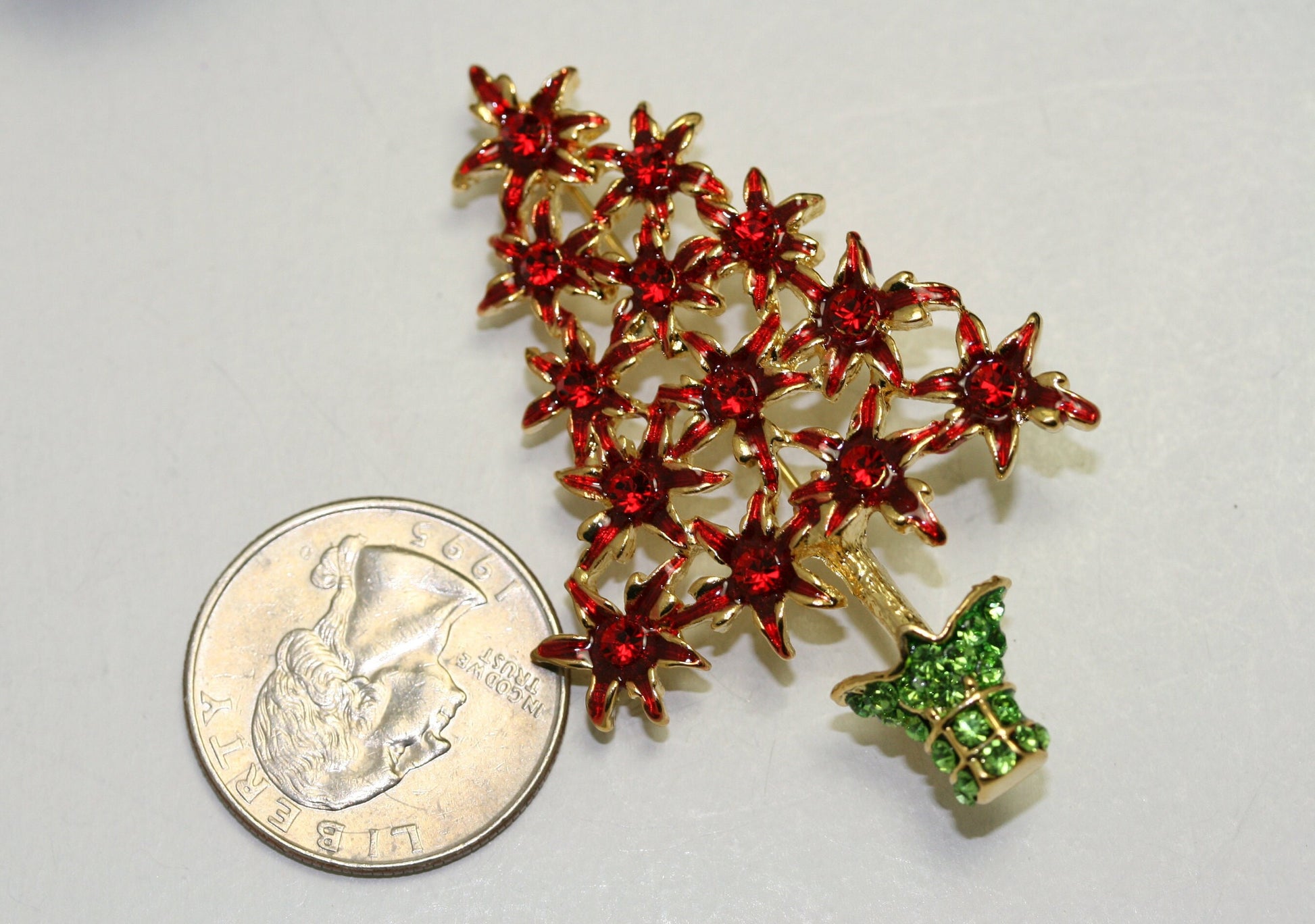Rhinestone Red Poinsettia Christmas Tree Brooch, Poinsettia with Red Enamel Brooch-Christmas Pin-Costume Xmas Tree Jewelry
