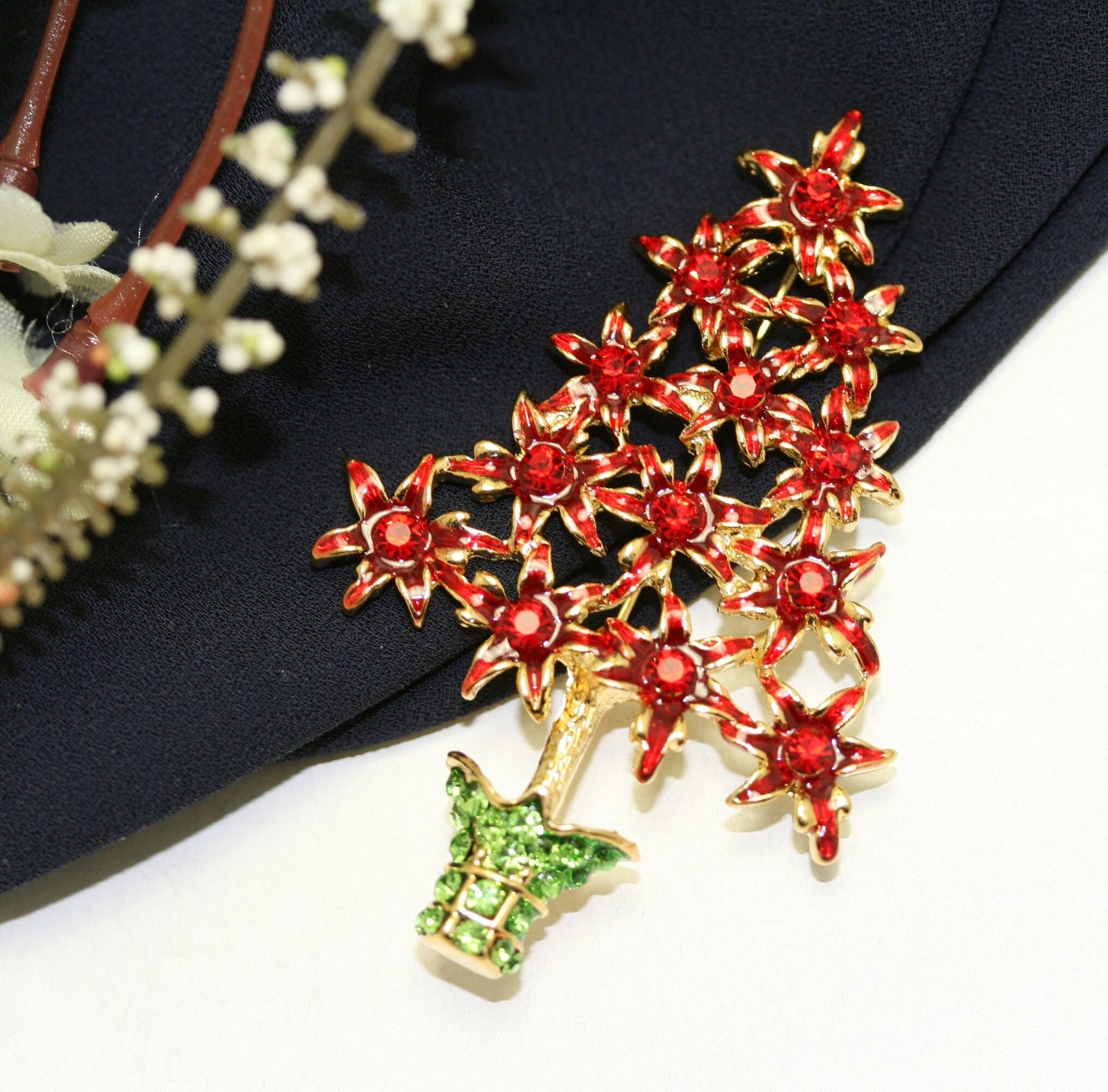 Rhinestone Red Poinsettia Christmas Tree Brooch, Poinsettia with Red Enamel Brooch-Christmas Pin-Costume Xmas Tree Jewelry