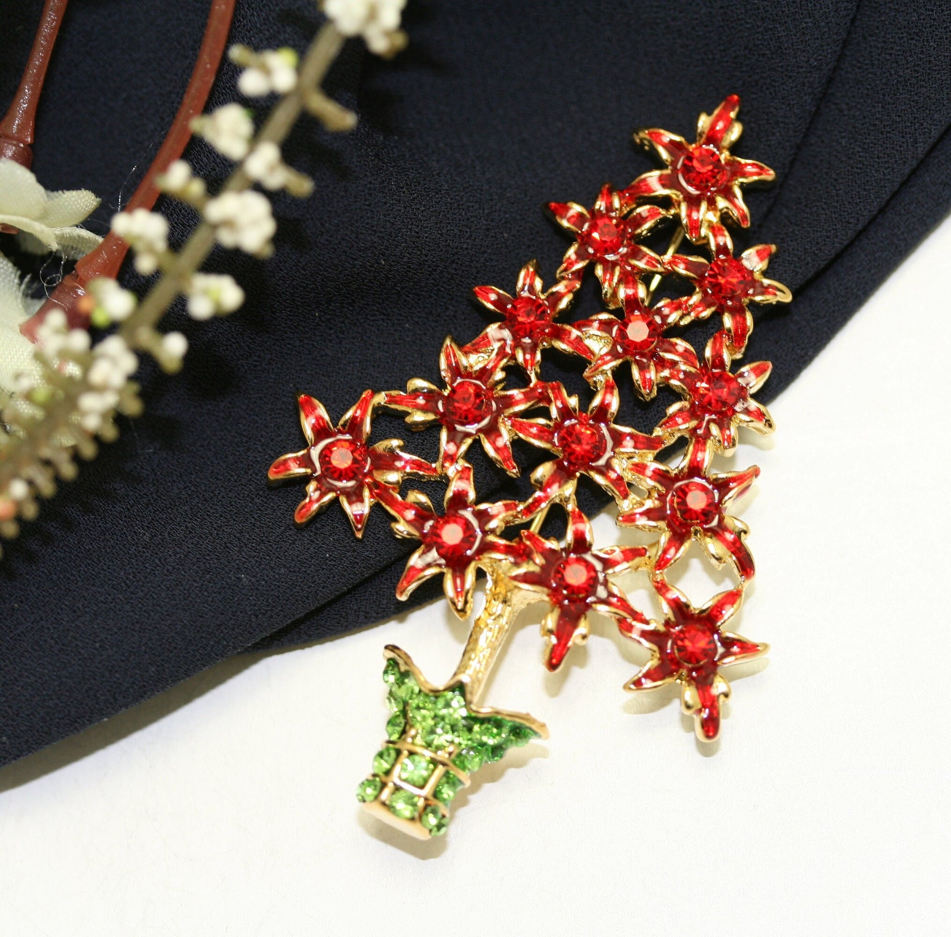 Rhinestone Red Poinsettia Christmas Tree Brooch, Poinsettia with Red Enamel Brooch-Christmas Pin-Costume Xmas Tree Jewelry