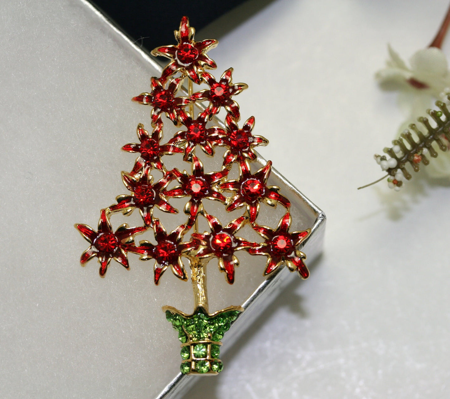 Rhinestone Red Poinsettia Christmas Tree Brooch, Poinsettia with Red Enamel Brooch-Christmas Pin-Costume Xmas Tree Jewelry