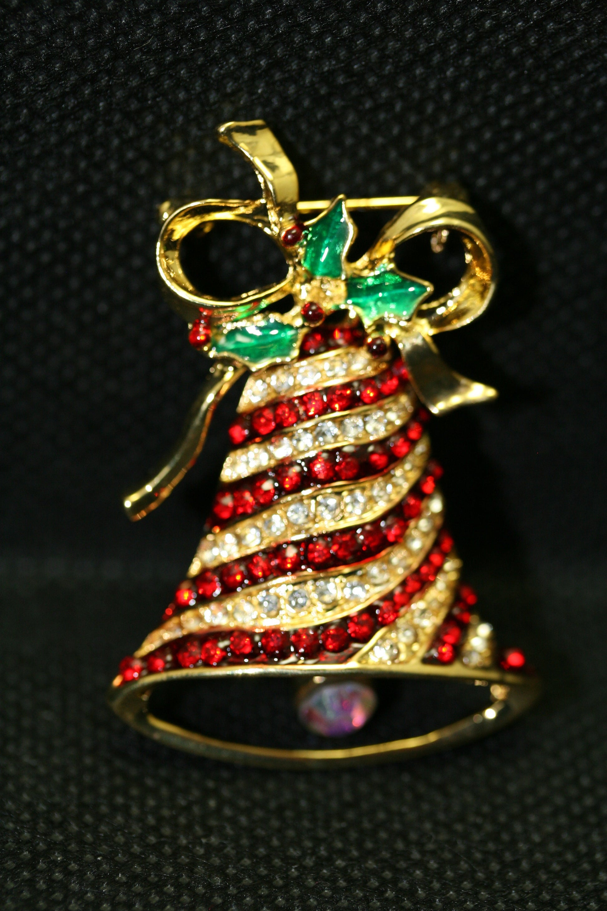 Vintage Dangling Heavily Mechanical Christmas Bell and Bow Pin, Rhinestone Xmas Bell Jewelry, Holiday Gift.