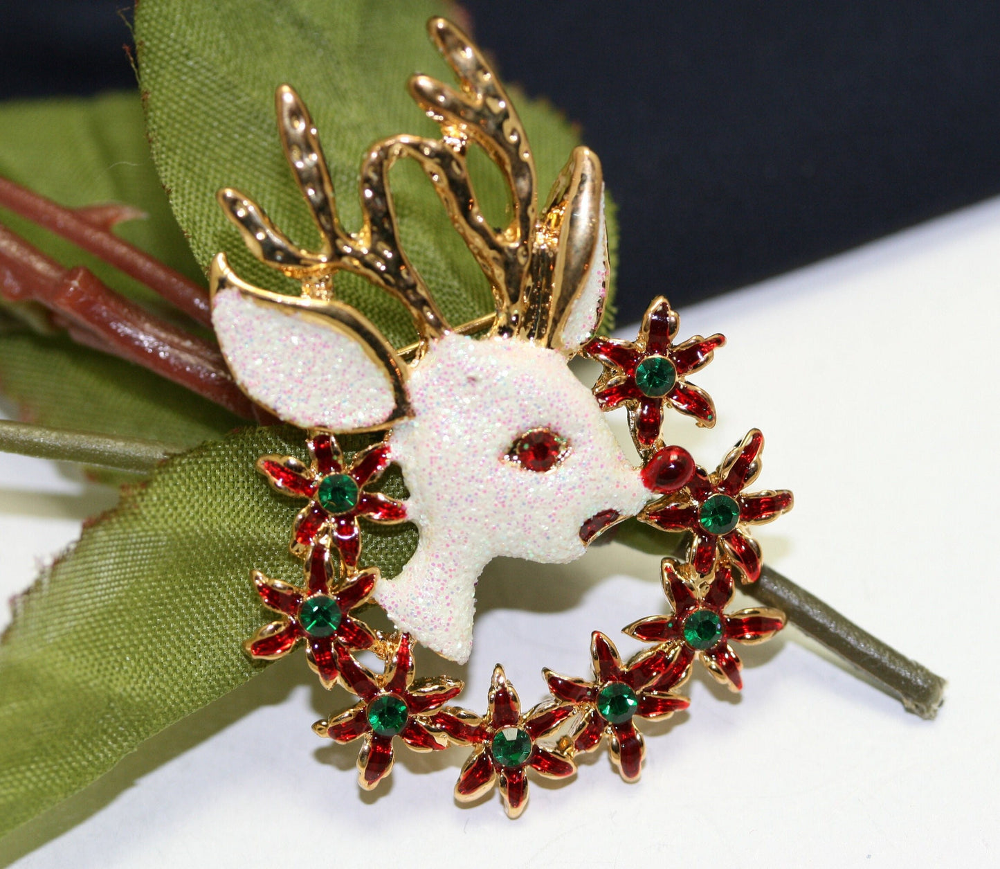 Rhinestone White Glitter Reindeer brooch Pin , Christmas Poinsettia Wreath Brooch, Holiday Jewelry Gift