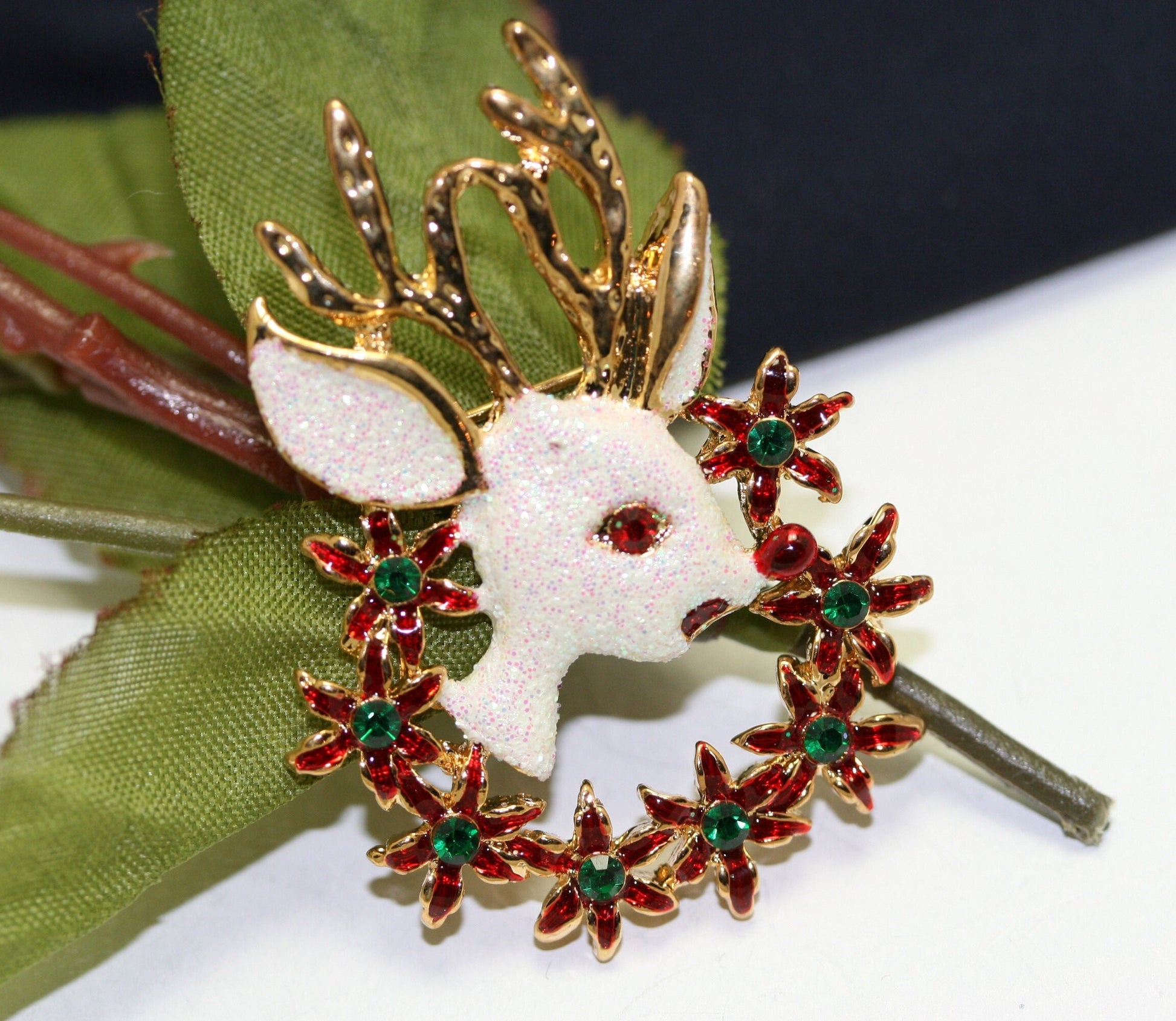 Rhinestone White Glitter Reindeer brooch Pin , Christmas Poinsettia Wreath Brooch, Holiday Jewelry Gift