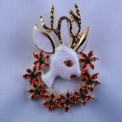 Rhinestone White Glitter Reindeer brooch Pin , Christmas Poinsettia Wreath Brooch, Holiday Jewelry Gift