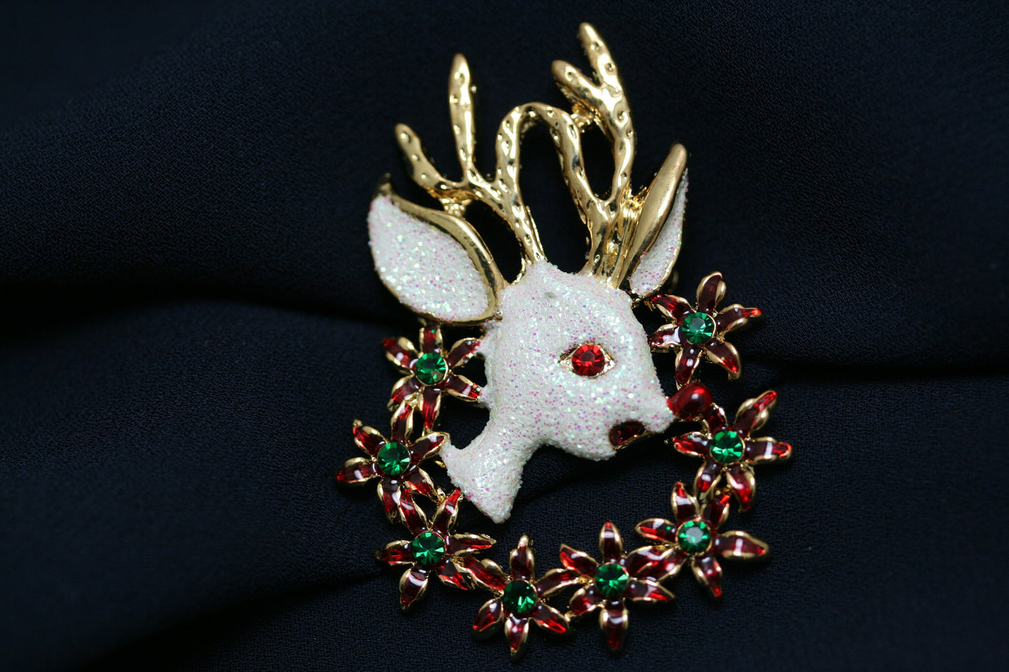 Rhinestone White Glitter Reindeer brooch Pin , Christmas Poinsettia Wreath Brooch, Holiday Jewelry Gift