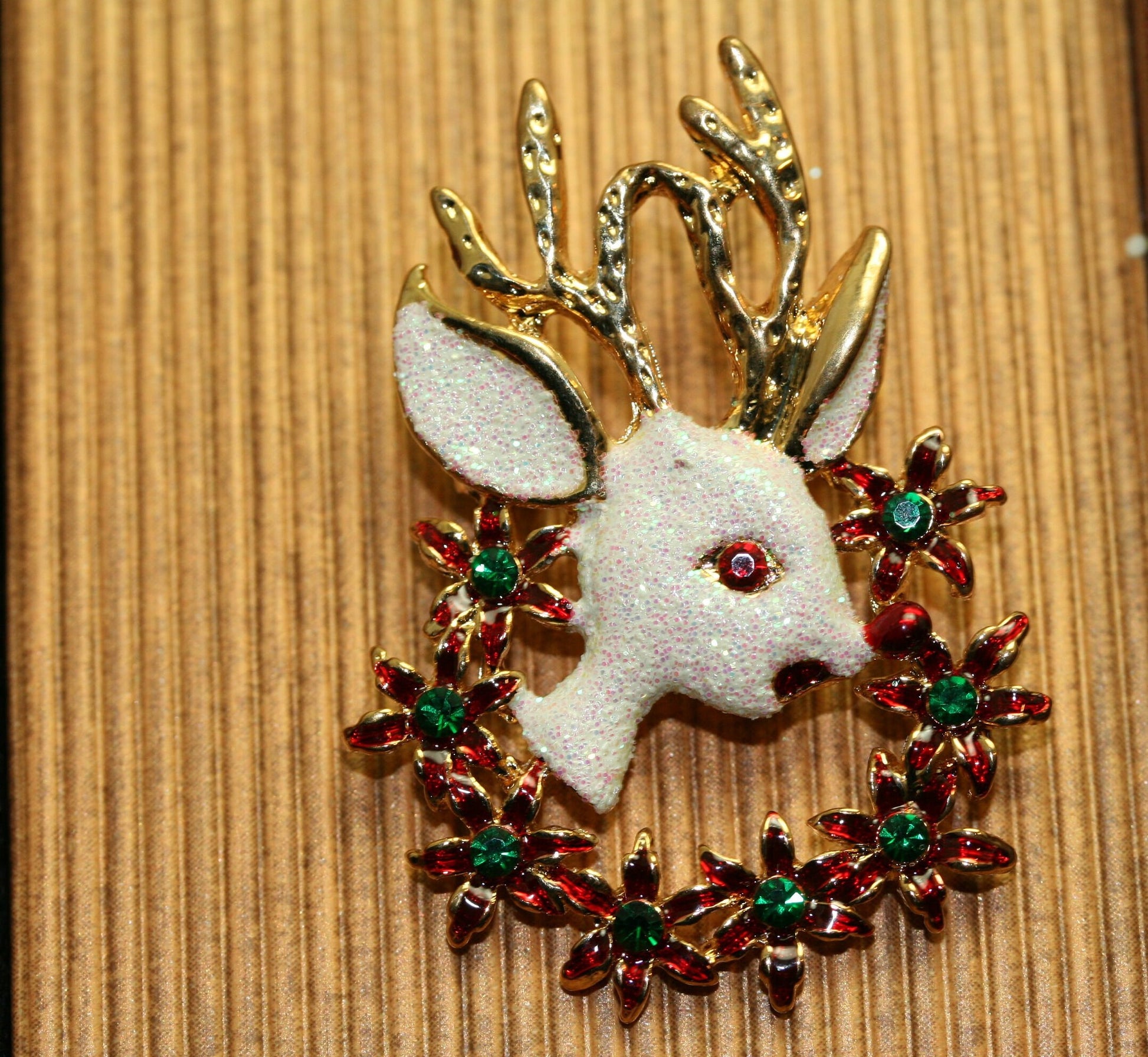 Rhinestone White Glitter Reindeer brooch Pin , Christmas Poinsettia Wreath Brooch, Holiday Jewelry Gift