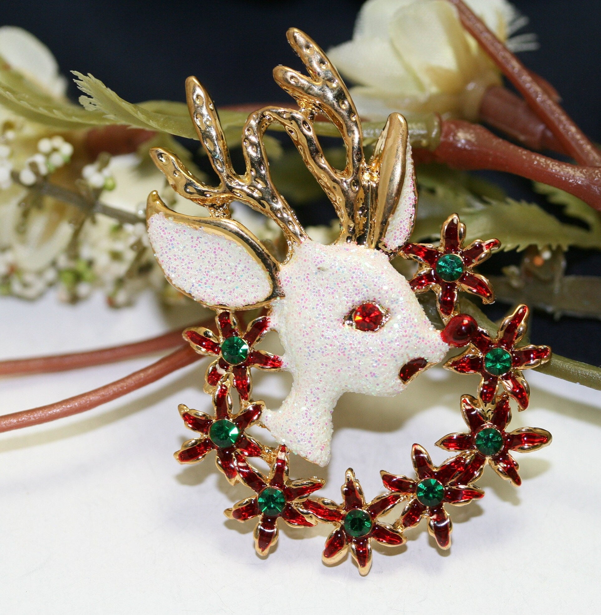 Rhinestone White Glitter Reindeer brooch Pin , Christmas Poinsettia Wreath Brooch, Holiday Jewelry Gift