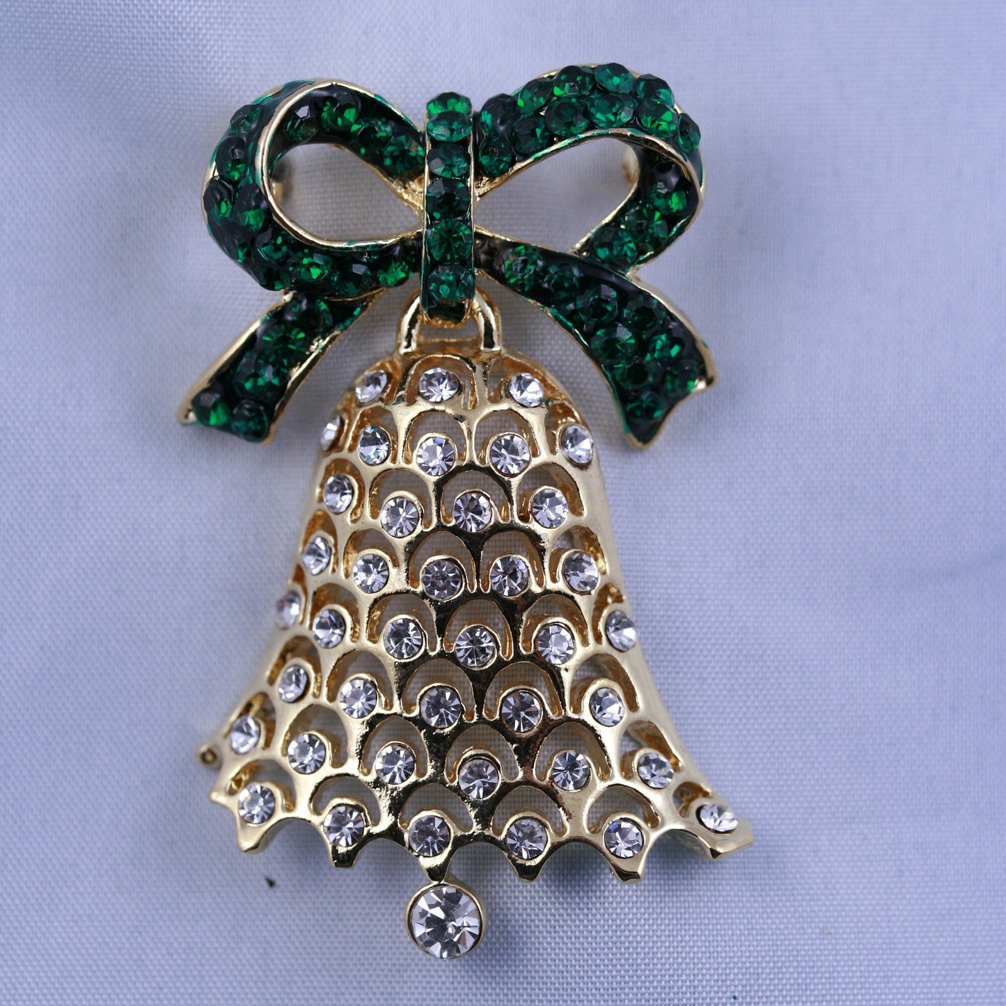 Vintage Rhinestone Christmas Bell Ribbon Pin Brooch, Gold-Plated Xmas Holiday Jewelry Gift