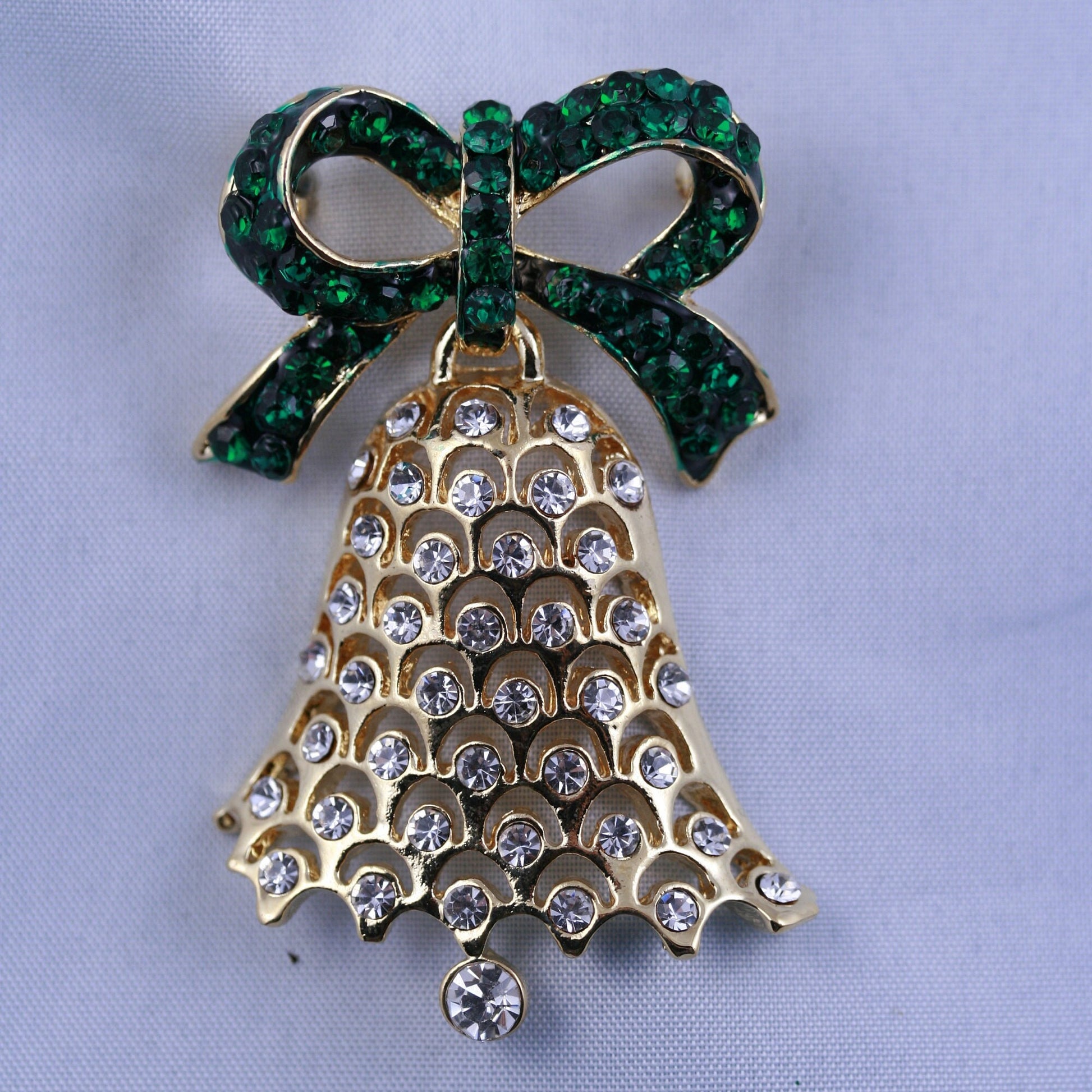 Vintage Rhinestone Christmas Bell Ribbon Pin Brooch, Gold-Plated Xmas Holiday Jewelry Gift