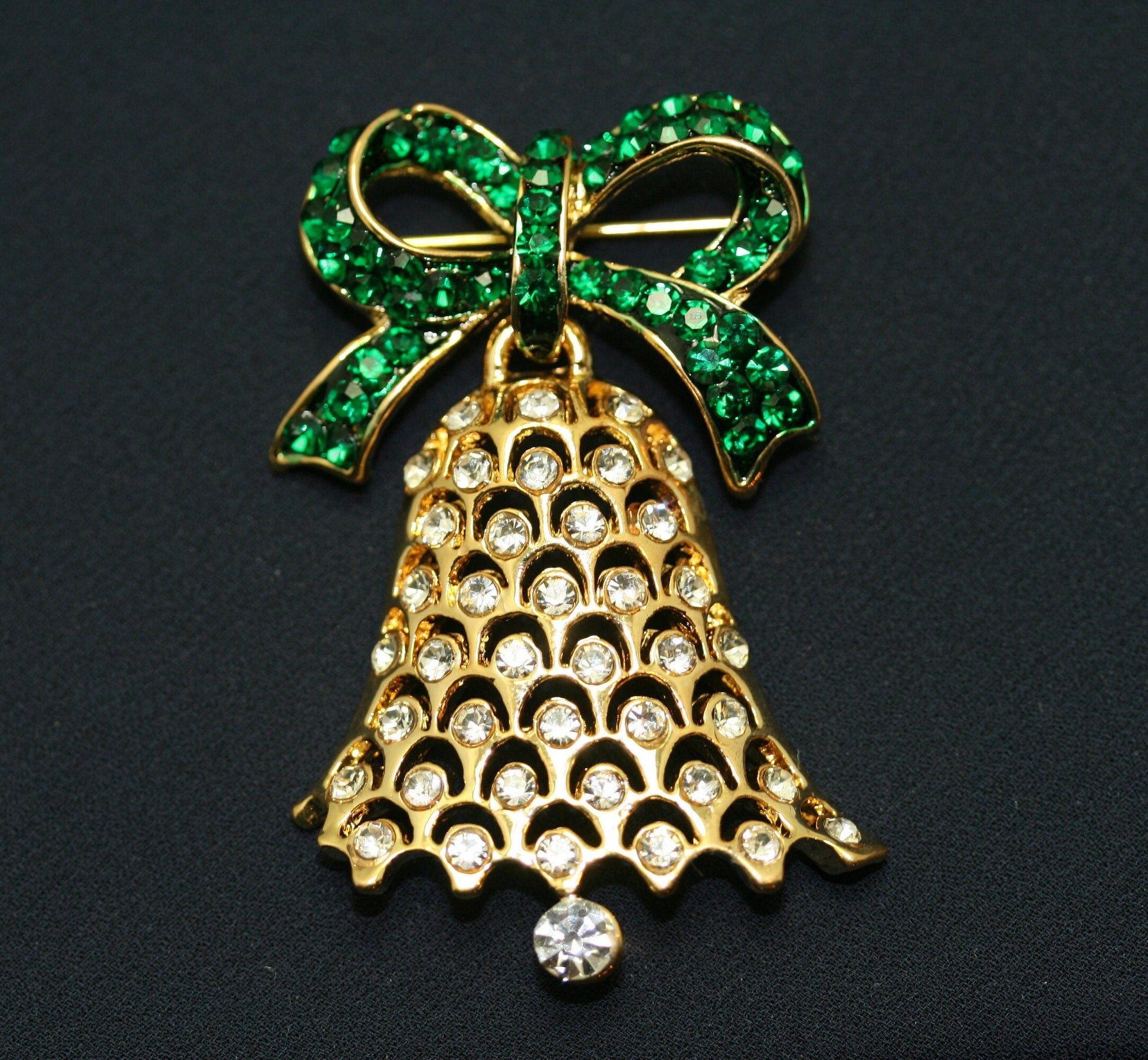 Vintage Rhinestone Christmas Bell Ribbon Pin Brooch, Gold-Plated Xmas Holiday Jewelry Gift