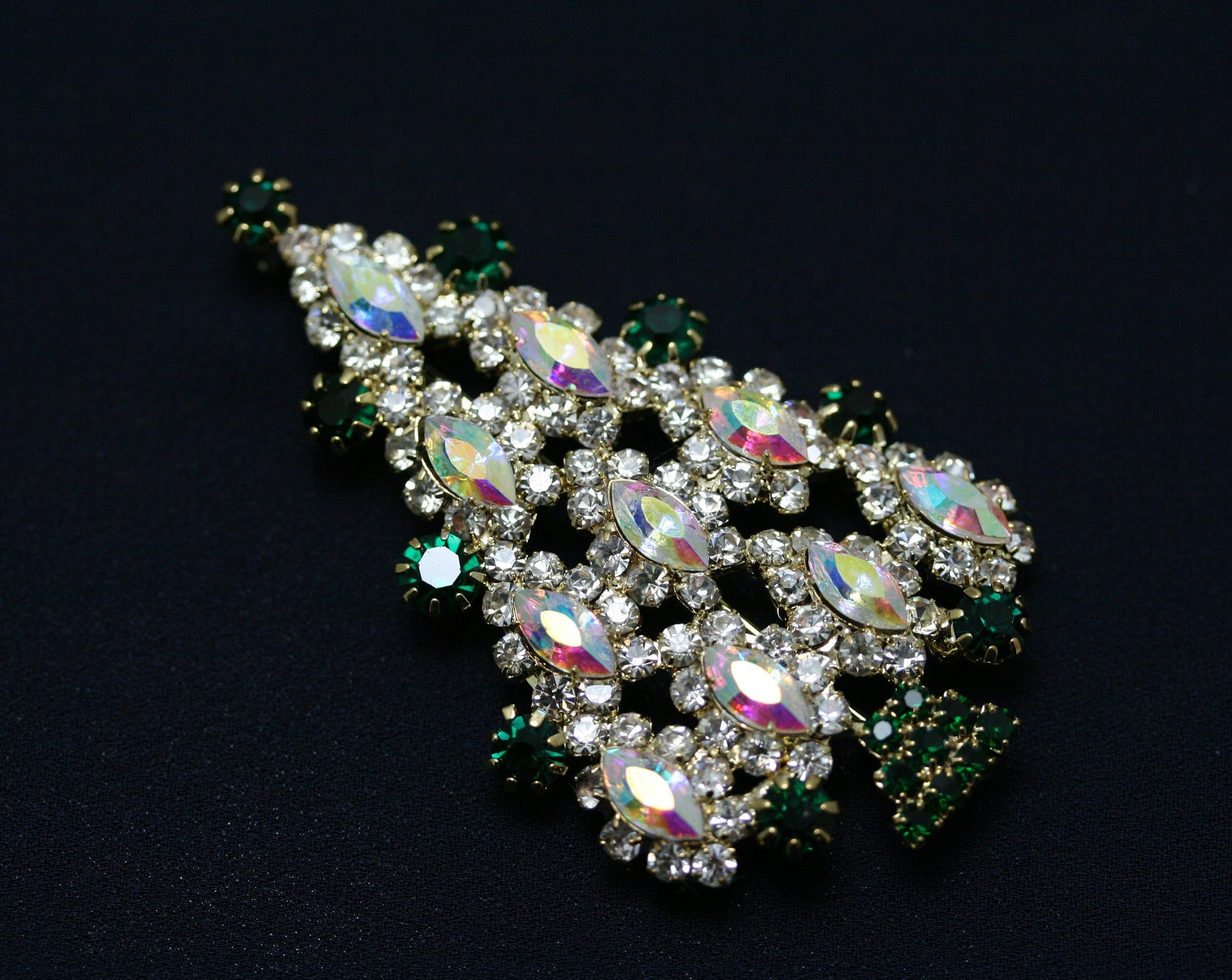 Multi Tiered Aurora Borealis Marquise Rhinestone Christmas Tree Brooch Pin, Xmas Holiday Jewelry Gift