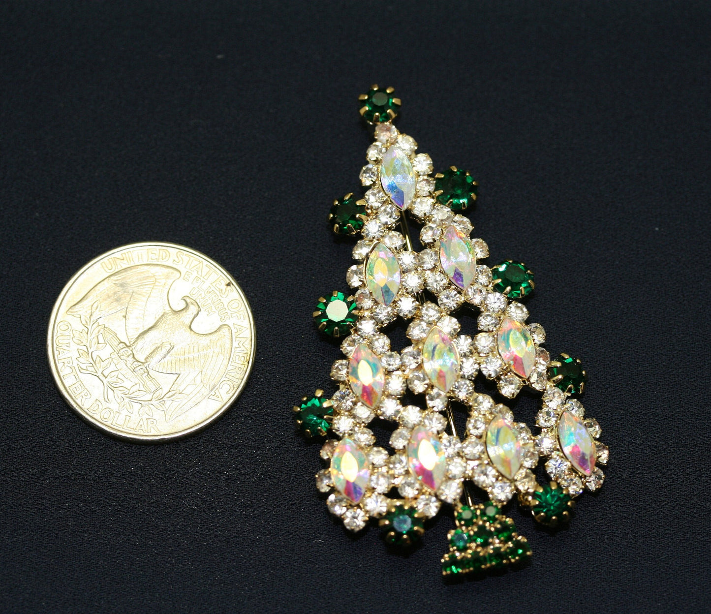 Multi Tiered Aurora Borealis Marquise Rhinestone Christmas Tree Brooch Pin, Xmas Holiday Jewelry Gift